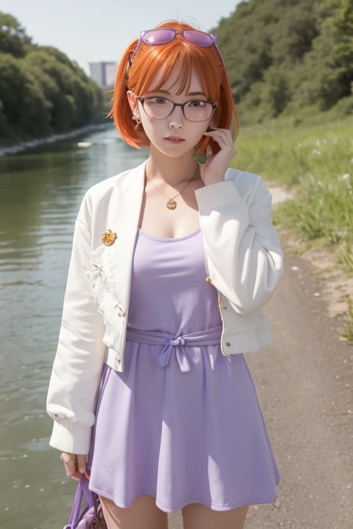 1 girl, alone, go to the river, orange hair, drill hair, glasses on head, orange eyes, jewelry, bow, white dress, purple jacket, meanwhile, earrings, have, Are standing, put your hand on your waist, looking at the viewer, closed one eye, grin, outdoors, city 