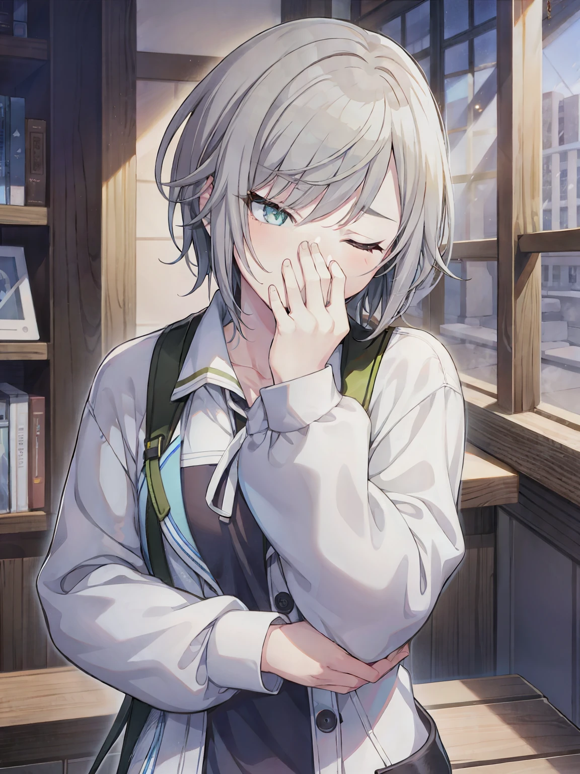 (masterpiece), short hair, grey hair, small breasts, hinomori shiho, tomboy, shiho_h, ((((The girl covers her face with her palm to avoid smelling the smell.)))) , 1girl ,covering face with hand,covering all face with hand,one eye closed, winking eye,half closed eye, wearing sweatshirt, frownimg  eyebrow, (((Scene where a girl covers her nose with her hand))))
