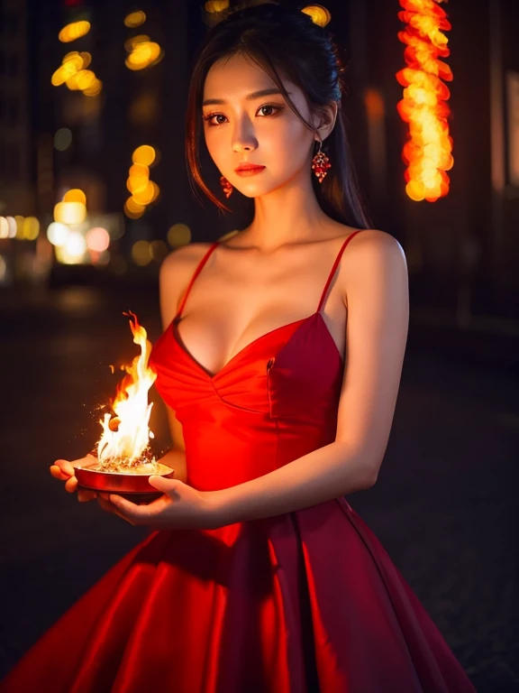 woman、No expression、night、((The background is a blazing flame))、red dress