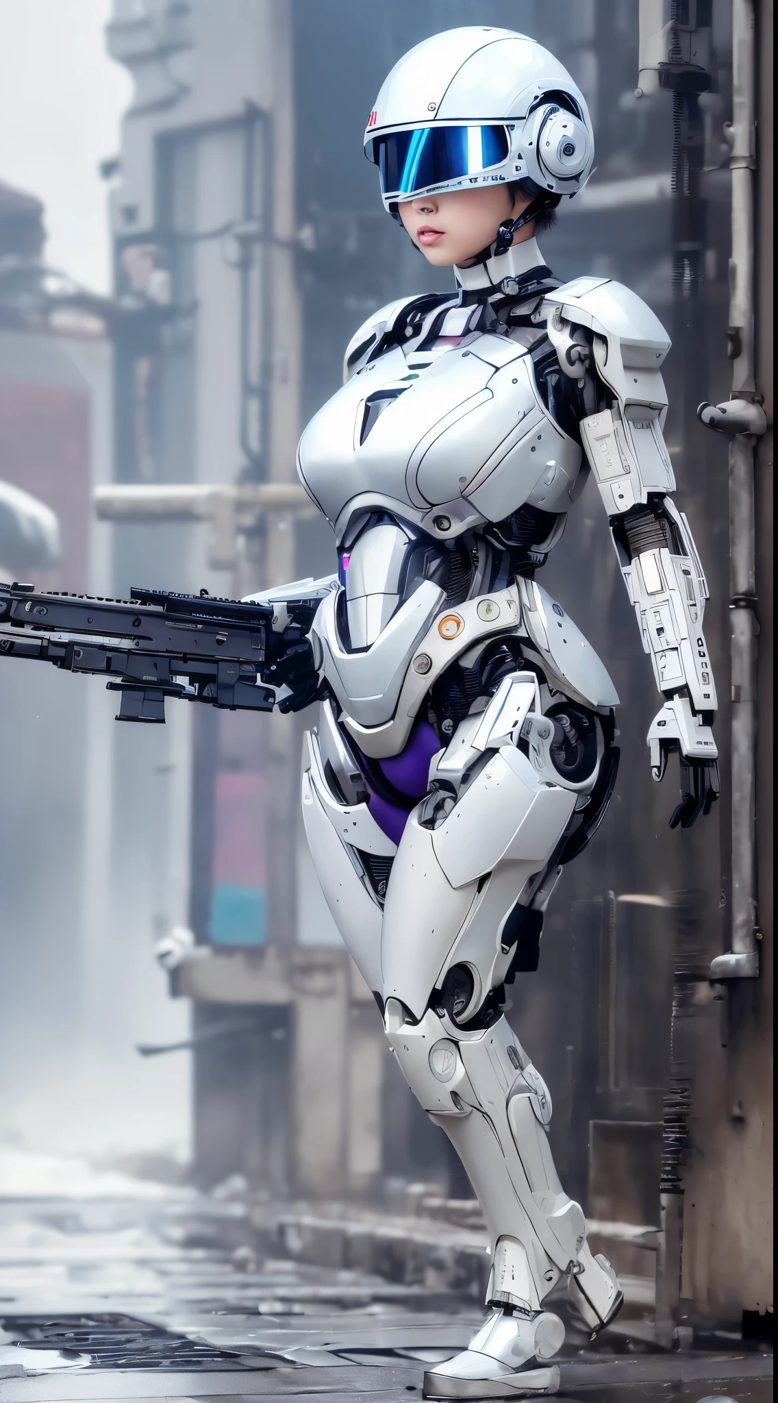 best ever、8k,(((Full body Esbian)))、(((plump breasts:1.3)))、(((luster)))、(((Metal)))、(((とてもlusterのある、Very hard armor)))、(((cyberpunk)))、Cute beauty of mecha(highest quality, Detailed details, table top, , 8k, chiaroscuro，big breasts、Bust photos are super realistic, Highly detailed Nikon videography )、beautiful navel、Human skin type、（(very photorealistic human))、(round eyes)、The detail of the iris of the pupil is amazing、precise fingers、故障のない手feet、(((Caucasian 21 years old, woman)))、((Very fair skin,,,,,,,,,,,,,,))、natureに閉じた口、natureな乳輪、nature 、staring eyes、natureな体、baby face、womanらしい顔立ち、womanらしい体、(With a round face)、small face、soft cheeks、looking at camera、Full body Esbian、、Beautiful and shining nature eyes、Human skin type、（(very photorealistic human))、(round eyes)、The detail of the iris of the pupil is amazing、故障のない手feet、natureに閉じた口、natureな乳輪、nature 、staring eyes、natureな体、Slightly baby-faced、womanらしい顔立ち、womanらしい体、With a round face、small face、soft cheeks、looking at camera、Full body Esbian、balanced face、drooling eyes、(It&#39;s not the kind of eye that blinds you.)、Body with human-like proportions、(((slightly longer arms)))、(fairly long torso)、(((slightly larger hands)))、human face、(((Shining blue light blue silver hair)))、(((cool and cute short haircut)))、(((The background is the future)))、(((8 heads and bodies)))、(((purple eyes)))、(((thin, thin silver eyebrows)))、(((thin eyebrows)))、Looking at this、Gentle double eyelids、(((kind face)))、(((Background Mecha)))、blade runner、(((Possession of a machine gun:1.5)))、(((Machine gun firing:1.4)))、(((Hold a machine gun:1.6)))、(((mechanical headgear:1.3)))、(((Mechanical helmet covering the eyes:1.5)))、(((robocop:1.3)))、ghost in the shell、tron、space detective gavan、knock、police officer、(((night background)))、(((no makeup)))、(((Hollywood science fiction movie quality)))、(((New York in 5000 AD)))、((teal and orange))、Height: 164cm、Leg length 80cm、Head length is 21cm、,very subtlyＸfeet、cool pose、Evangelion、rei ayanami、(((Cloudy)))、battle preparation