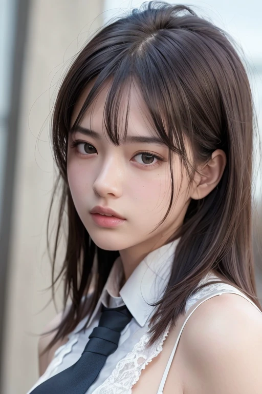8k, highest quality, masterpiece:1.2), (realistic, photo-realistic:1.37), highest quality, masterpiece, beautiful young woman, pensive expression, thoughtful look, dressed elegantly, tie hair back, messy mood, movie background, tired, bright skin tone