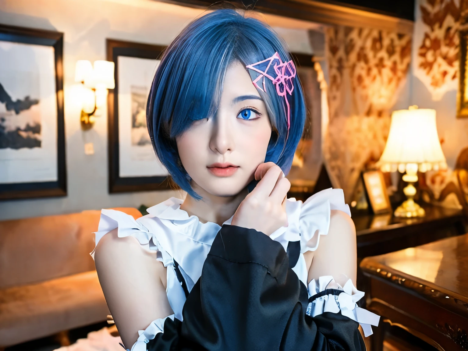 R_it is, 1 girl,(beautiful face:1.25) blue short hair, blue eyes, hair above one eye, hair ornaments, pink hair ribbon, Rem&#39;Maid Outfits, removed sleeve, (realistic:1.7),((highest quality)),confused,(ultra high resolution),(photorealistic:1.6),photorealistic,octane rendering,(hyperrealistic:1.2), (photorealistic face:1.2), (8k), (4k), (meter star piece),(realistic skin texture), (shape, cinematic lighting,wallpaper),( beautiful eyes:1.2),((((perfect face)))),(cute),(Are standing),((looking at the viewer)),(dynamic pose:1.3), Upper body, Are standing,indoor, living room, sofa, table, window,puffy eyes、good eye shape
