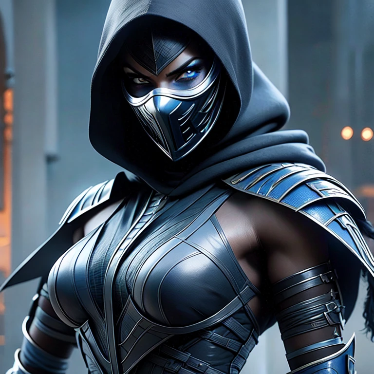 Imagine a fierce female warrior from the realm of shadows, a master assassin known as the counterpart to Mortal Kombat's Noob Saibot. She is clad in sleek, obsidian-black armor that seems to absorb all light, adorned with subtle, ghostly blue accents that hint at her otherworldly powers. Her face is partially concealed by a dark, hooded cloak, but her eyes glow with an eerie, ghostly light, giving her an intimidating presence