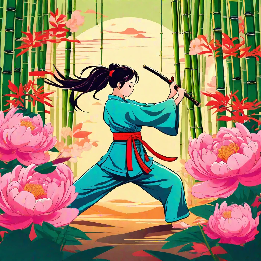 Cute cartoon, Chinese martial arts, vector illustration, 1girl, bamboo forest, martial arts, energetic pose, holding long sword, colorful clothing, traditional style, featuring peonies and waves, bamboo forest environment is quiet and lush, tall bamboo stalks, sunlight shining through Leaves cast dappled sunlight, a clearing, a practice field, Vector martial arts illustration