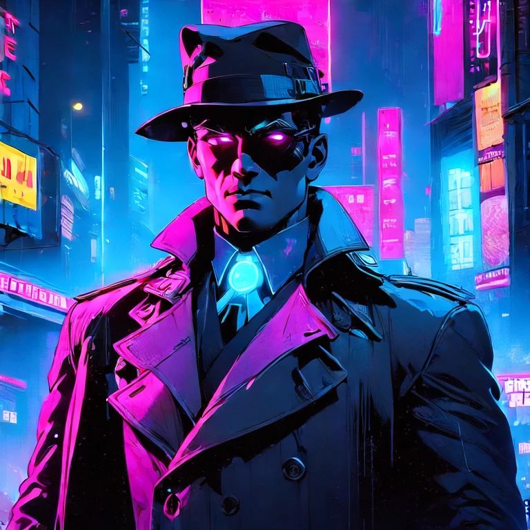 Create an ((upper body:2)) image of a trenchcoat-wearing detective in a cyberpunk, neon-lit cityscape. The detective should have cybernetic eyes, glowing with a faint blue hue, showcasing enhanced analytical skills. The city behind them is alive with vibrant neon signs, casting colorful reflections on wet pavement, hinting at a world of mysteries waiting to be unraveled.