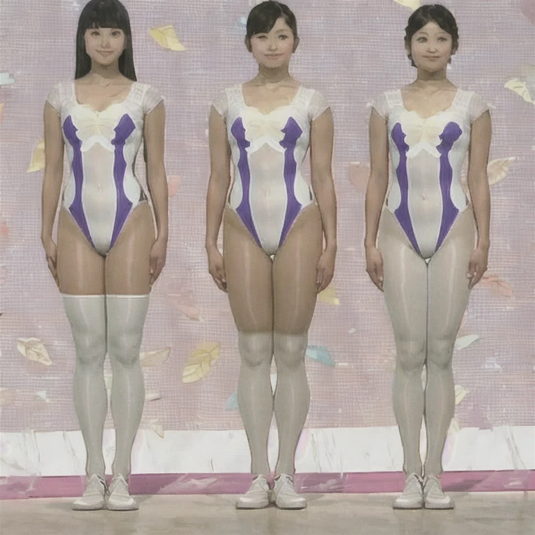 ((full body)),(masterpiece, best quality), (3 girls1.5) ,((Contrapposto:1.5)), looking at viewer, walking,((v_arms:1.2)), ((white full-length tights:1.3)), wearing competition_swimsuit_outfit leotard:1.3), , BREAK masterpiece black hair, ((long hair:1.2)), ((parted bangs:1.3)), black eyes, good hand, ((small breasts)), (over 20 years old, under 25 years old:1.2), , spotlight, happy, smile, BREAK in the class room