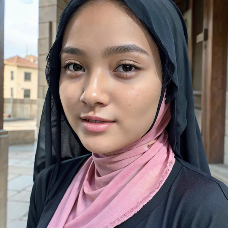 (masterpiece),(very detailed),a half body of a girl wearing a hijab and a black and pink shirt, beautiful aesthetic face, her skin is light brown, mosque background, girl cute-fine-face, attractive female face!!!, with accurate face, attractive beautiful face, beautiful delicate face, very pretty face, with cute - fine - face, hijab, attractive girl, cute - fine - face, cute-fine-face