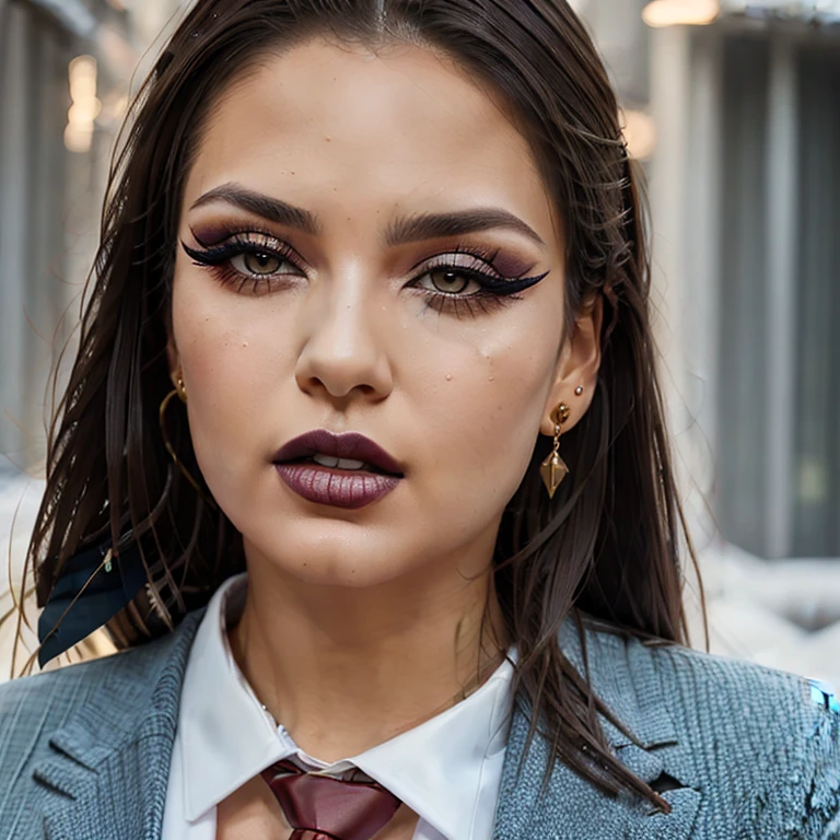 (masterpiece, best q Very sexy girl, Detailed Lips, Detailed Eyes, brown eyes,  detailed eyelashes, detailed face, earnings, seduction face, ((make-up)), mid body shot, ((suit)), ((tie)), uality:1.2), 1girl, solo ear rings, 
