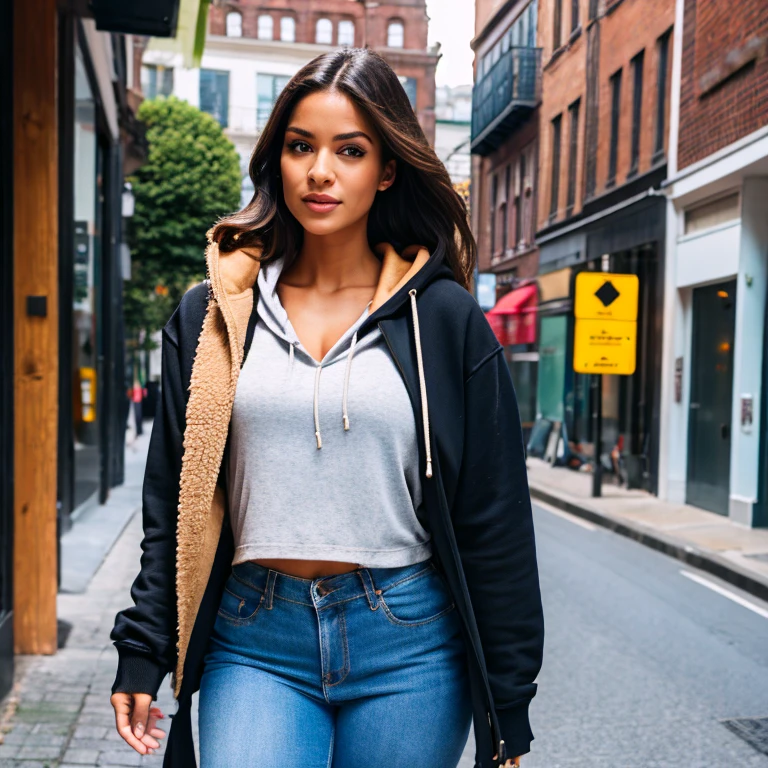 (masterpiece, best quality:1.2), 1girl, solo, photorealistic, best quality, hyper detailed, realistic eyes, show no hands in the picture, detailed lips, 8K, iperrealistic, beautiful Brazilian girl, walk in the street wearing a hoodie and jeans, selfie photo while walking in an empty street, upper body, solo, wearing casual wear, wearing hoodie, wearing black top under hoodie, indoors, (morning), looking at the camera, walking on an empty street, (relaxed), skin texture with perky boobs visible under clothing, film grain, close up, ultra high res, best shadow, RAW, instagram LUT, black top, no nsfw, wearing a top, hands not visible