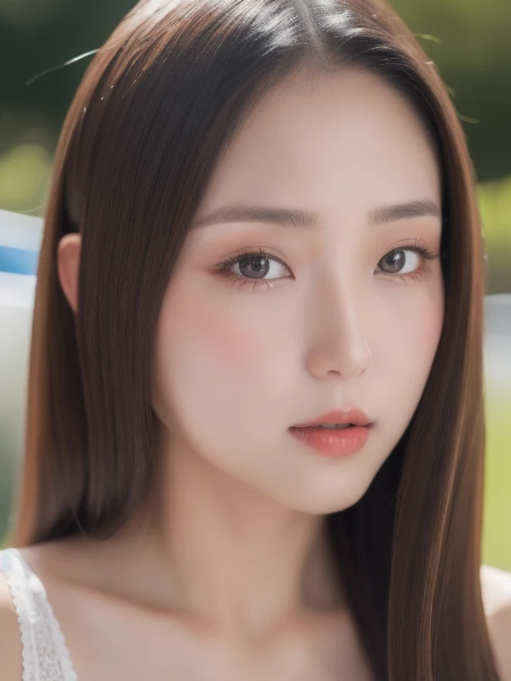 (realistic、masterpiece、Best Quality、8K、highres、high resolution:1.3)、1 girl、Huge breasts、white bikini、looking at viewers、super fine face and eyes、long hair、 upper body、