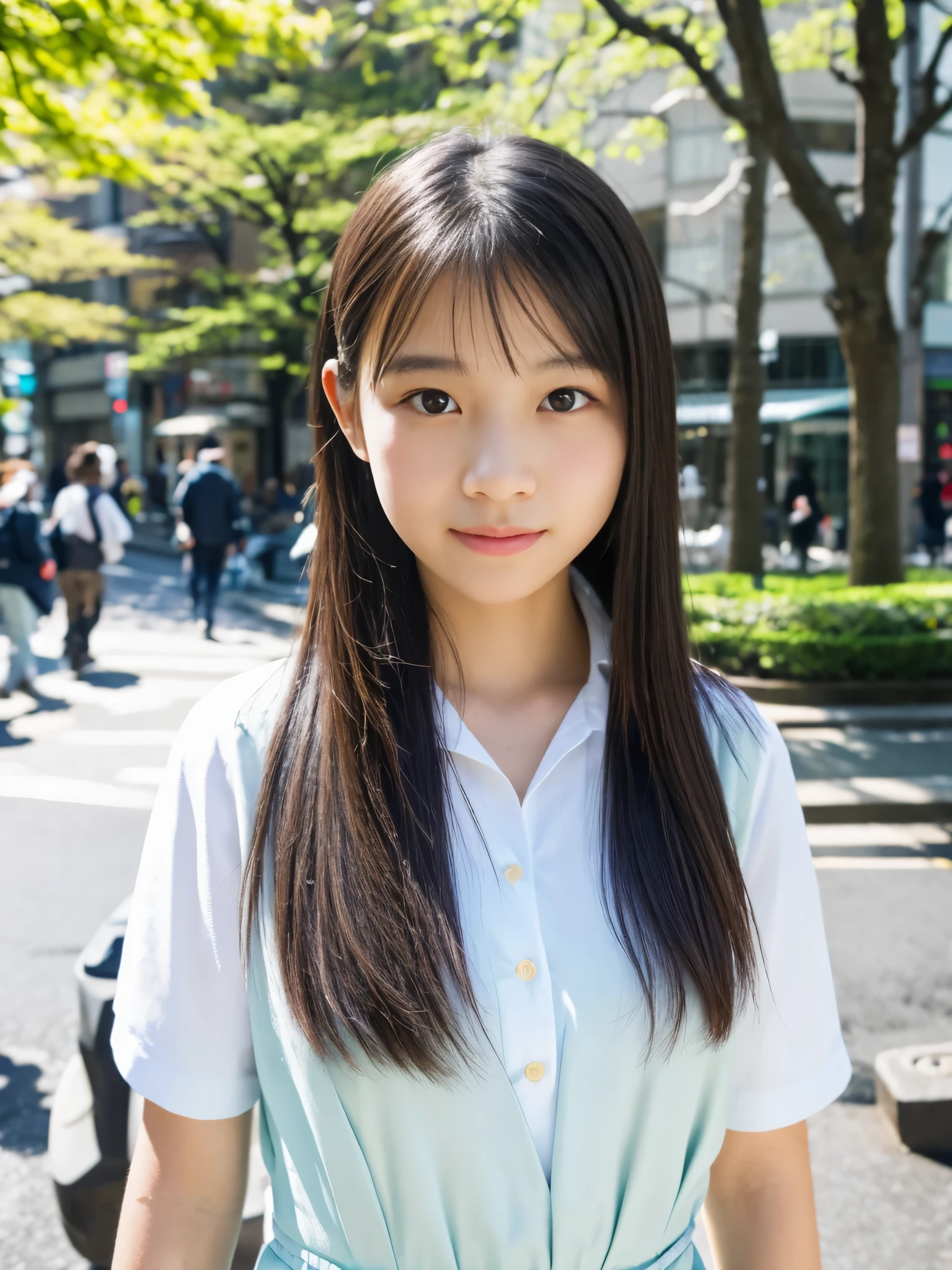 1 young girl,very cute and beautiful japanese teen actress,highly detailed beautiful face, looking at viewer,smile,happy,sailor school uniform,school bag, narrow alley in tokyo,stone wall in front of modern building,hotel signage,trees,shrubbery,solo,real person,photorealistic,8k,raw photo,