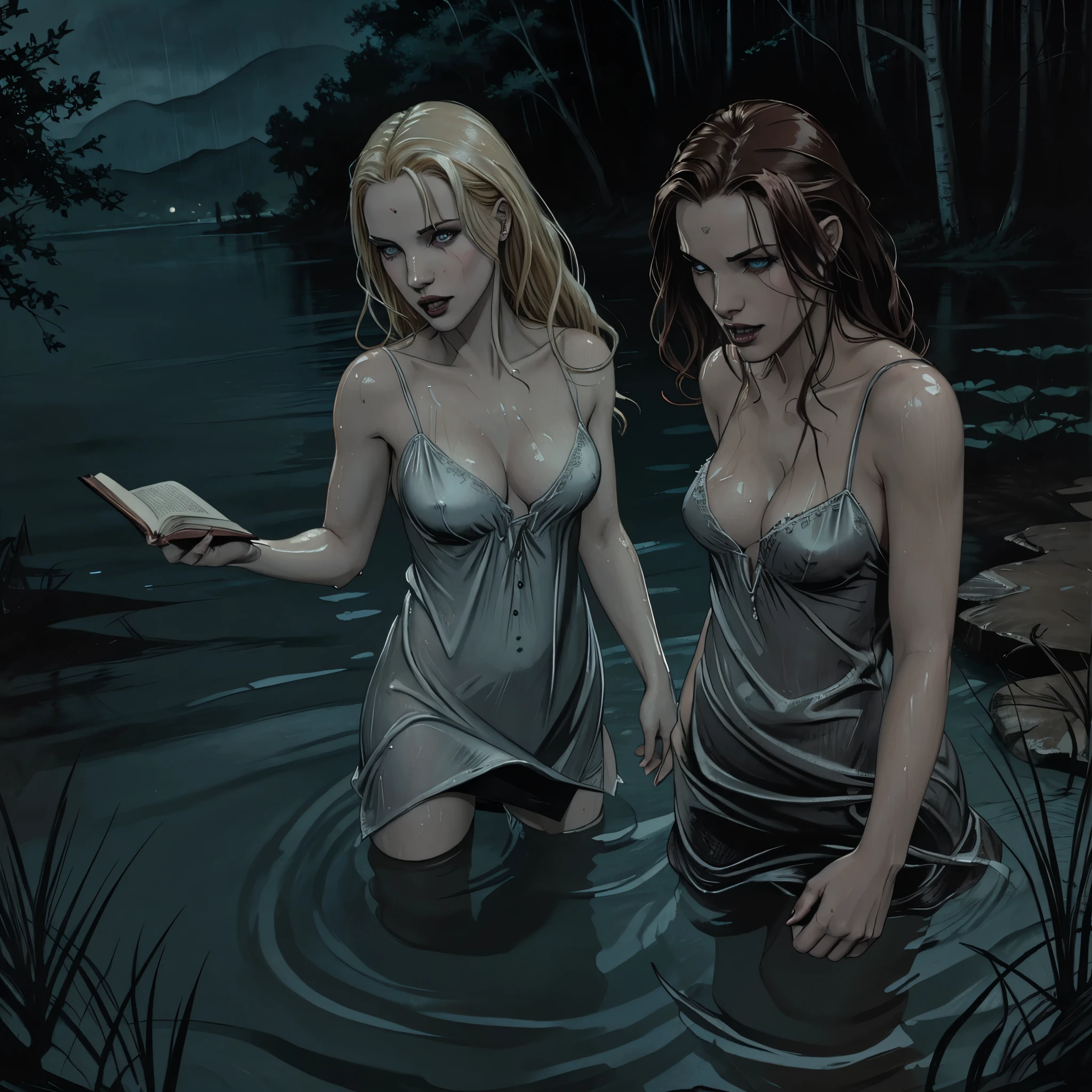 ((Night)) ((a deserted lake)) 3 Vampire women, (full body), 1 brunette, 1 blonde, 1 redhead, pale skin, fangs bared, sexy pale nightgown, looking at viewer, rises out of the water, soaking wet. style of a painted book illustration, dramatic lighting, (depth of field), ((masterpiece)), ((best quality)), ((highly detailed))