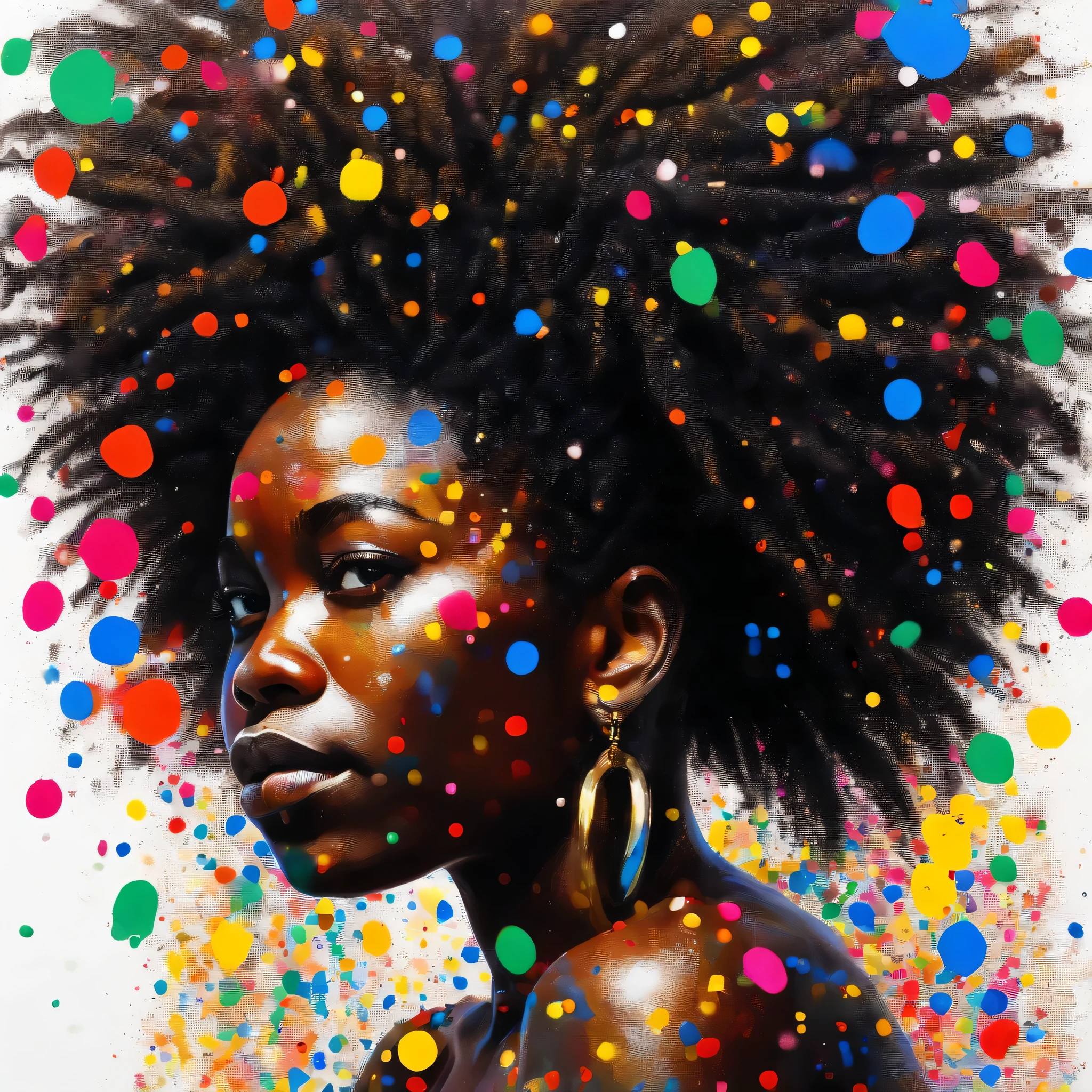 African girl with dreadlocks and a colorful sprinkles on her hair, in the style of abstract versus figurative art, afro-colombian themes, hard edge painting, black and white art, floral explosions, i can't believe how beautiful this is, naturalistic light and shadow