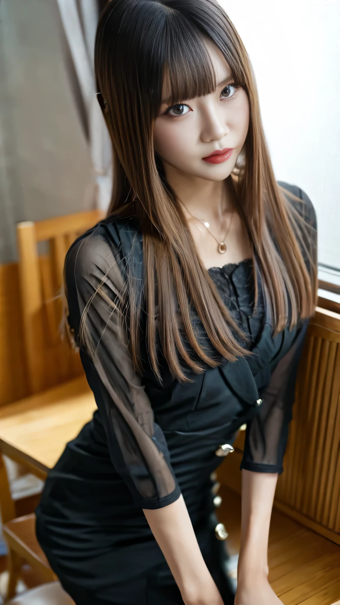 Super detailed、Japanese、charming beauty、seductive adult woman、Beautiful woman、sharp eyes、cool girl、wavy hair、suit、Black chiffon、lace fabric、wide sleeve、wearing a lace insert dress、white blouse、Tight Skirt、Lustrous legs、evilの幹部、evil depravity、brainwashing、Mind control、lipstick、grin、evilな表情、evil、empty eyes、evil、night high school、vampire、evil woman