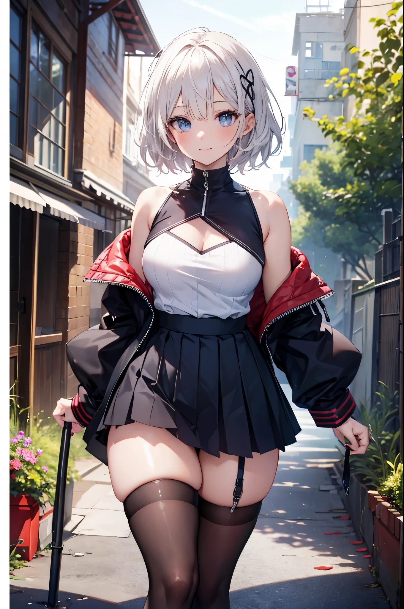 realistic image, coherent image, detailed image, 1 beautiful girl. She has short, white hair. Her eyes are blue, long eyelashes. Her face is oval and delicate, smiling. She is wearing a long-sleeved, shoulder-baring, off-shoulder top, pleated mini skirt, and mid-thigh stockings. She has a curvy body, medium breasts, thick thighs. sexy pose. Background of destroyed buildings, surrounded by nature, natural lighting, volumetric lighting,