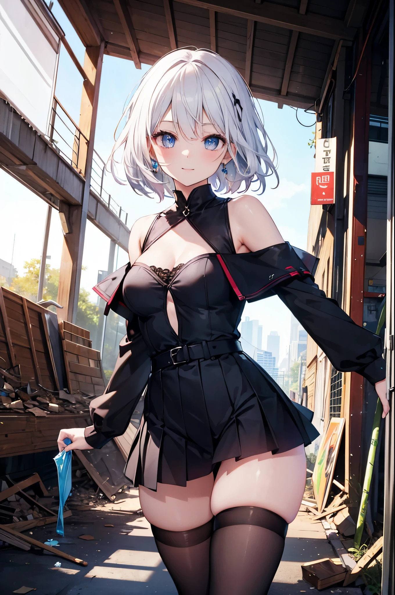 realistic image, coherent image, detailed image, 1 beautiful girl. She has short, white hair. Her eyes are blue, long eyelashes. Her face is oval and delicate, smiling. She is wearing a long-sleeved, shoulder-baring, off-shoulder top, pleated mini skirt, and mid-thigh stockings. She has a curvy body, medium breasts, thick thighs. sexy pose. Background of destroyed buildings, surrounded by nature, natural lighting, volumetric lighting,