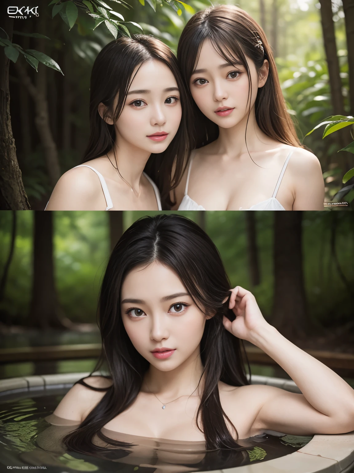 (2 girls:1.3), ((highest quality)), (super detailed), (very detailed CG 統合 8k 壁紙), very detailed, High-definition RAW color photo, professional photography, brown hair, wonderful face and eyes, pink eyes, (amazingly beautiful girl), hot spring, hot spring, forest, forest bathing,