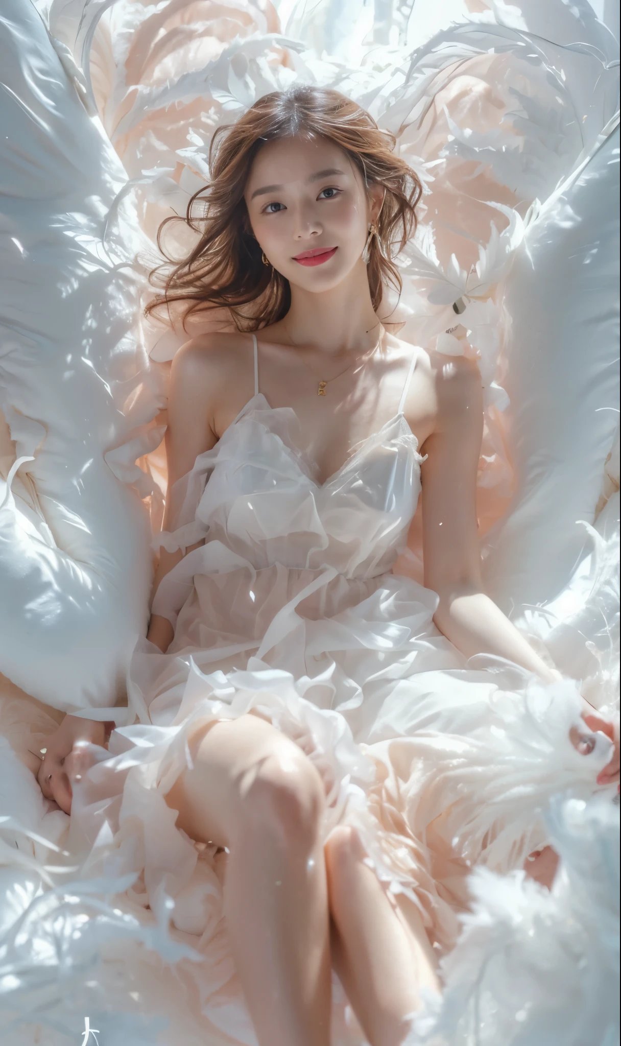 ((​Masterpiece, Top image quality, high resolution、alone、skin shiny))(on the table, best quality, actual, super detailed, meticulous, high resolution, 8k wallpaper), Close-up portrait of a beautiful woman, like, smiling, light brown messy hair, Perfect dynamic composition, 美丽meticulous的眼睛, Just like the cover of a fashion magazine, on campus，wearing gold glasses