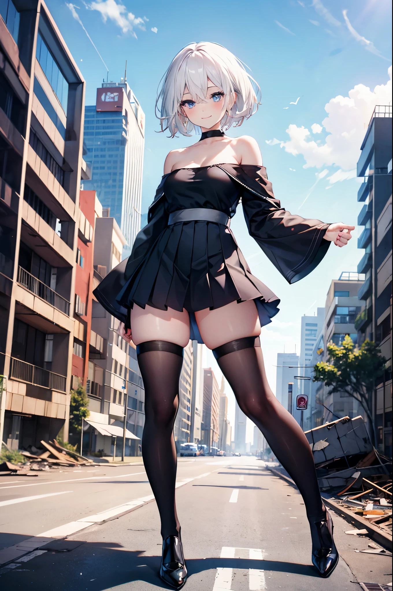 realistic image, coherent image, detailed image, 1 beautiful girl. She has short, white hair. Her eyes are blue, long eyelashes. Her face is oval and delicate, smiling. She is wearing a long-sleeved, shoulder-baring, off-shoulder top, pleated mini skirt, and mid-thigh stockings. She has a curvy body, medium breasts, thick thighs. sexy pose. Background of destroyed buildings, surrounded by nature, natural lighting, volumetric lighting,