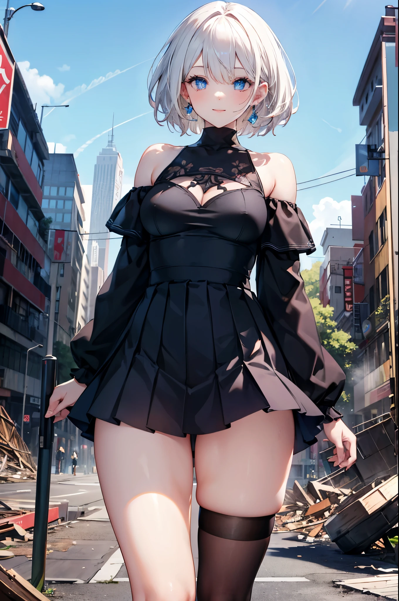 realistic image, coherent image, detailed image, 1 beautiful girl. She has short, white hair. Her eyes are blue, long eyelashes. Her face is oval and delicate, smiling. She is wearing a long-sleeved, shoulder-baring, off-shoulder top, pleated mini skirt, and mid-thigh stockings. She has a curvy body, medium breasts, thick thighs. sexy pose. Background of destroyed buildings, surrounded by nature, natural lighting, volumetric lighting,