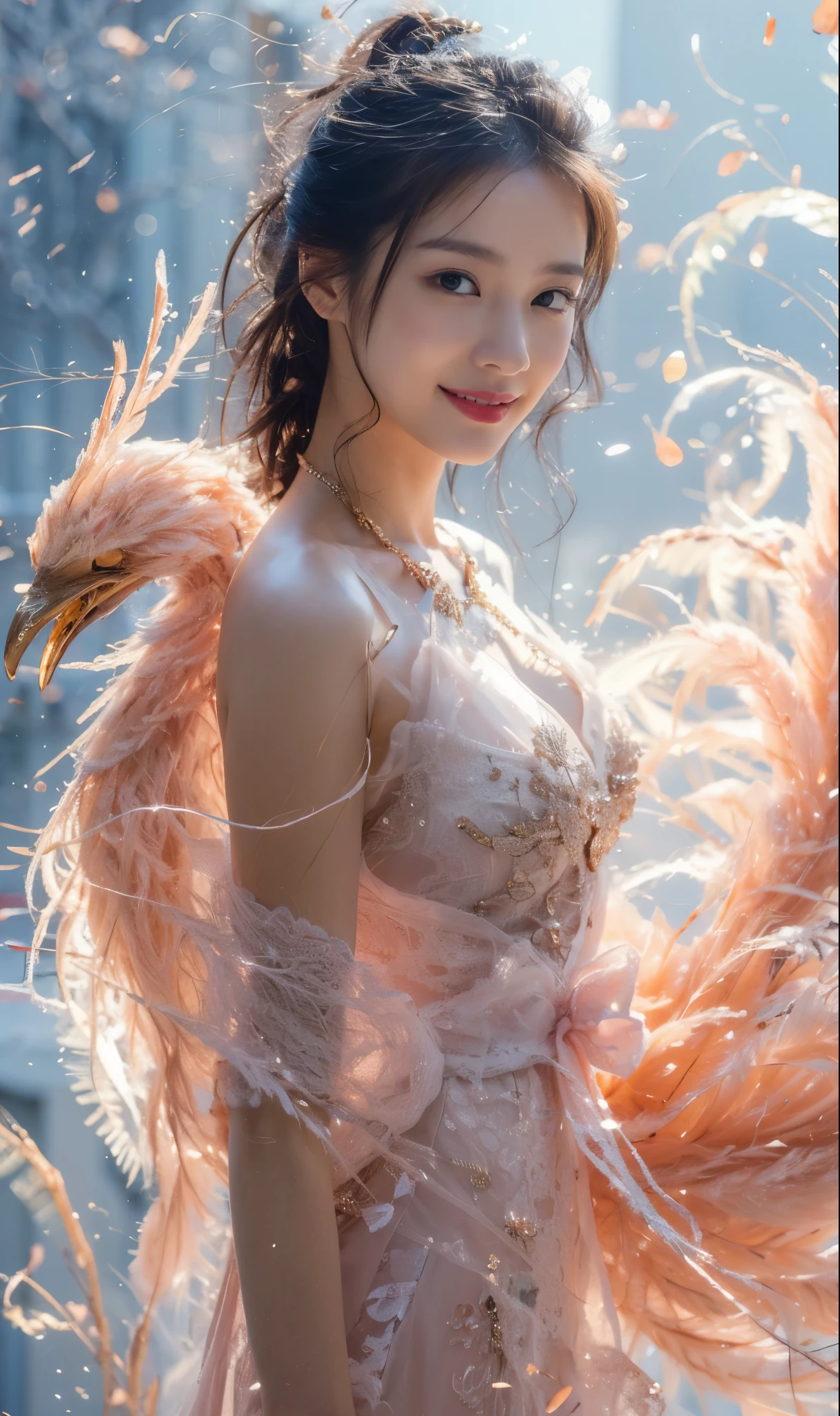 ((Masterpiece, Top image quality, high resolution、alone、skin shiny))(on the table, best quality, actual, super detailed, meticulous, high resolution, 8k wallpaper), Close-up portrait of a beautiful woman, like, smiling, light brown messy hair, Perfect dynamic composition, 美丽meticulous的眼睛, Just like the cover of a fashion magazine, on campus,wearing gold glasses