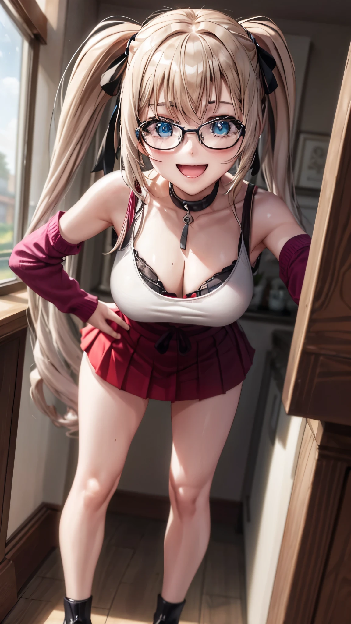 1 female,,blonde,(miniskirt and big white tank top, (), , natural smile,,frameless eyeglasses,(((leaning forward)))