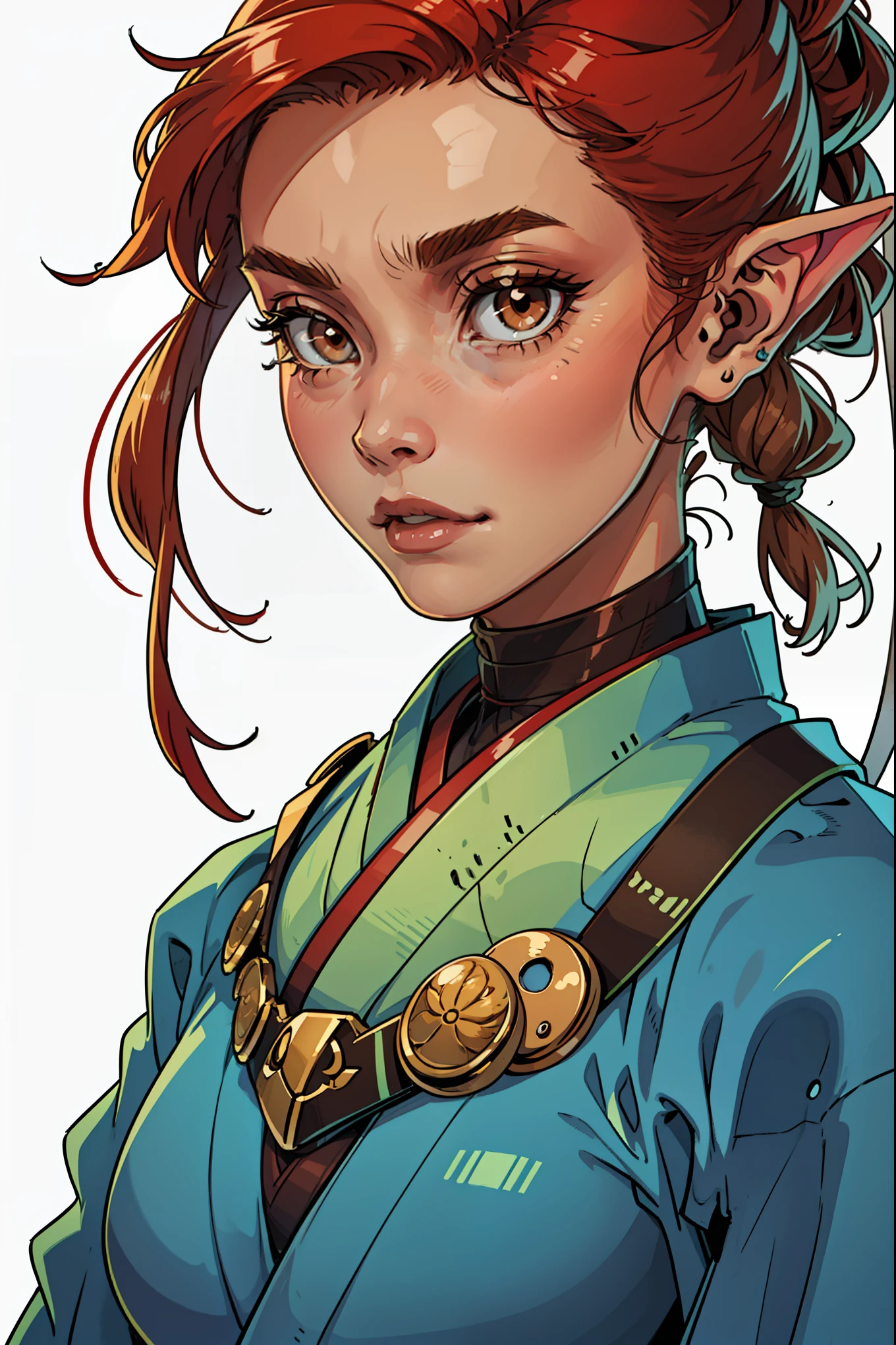 SeaArt Txt2Img Robot 00:46:35 young and serene face, brown or blond hair and brown eyes,elf ears ,kimono , samurai,long hair,big tits, red hair