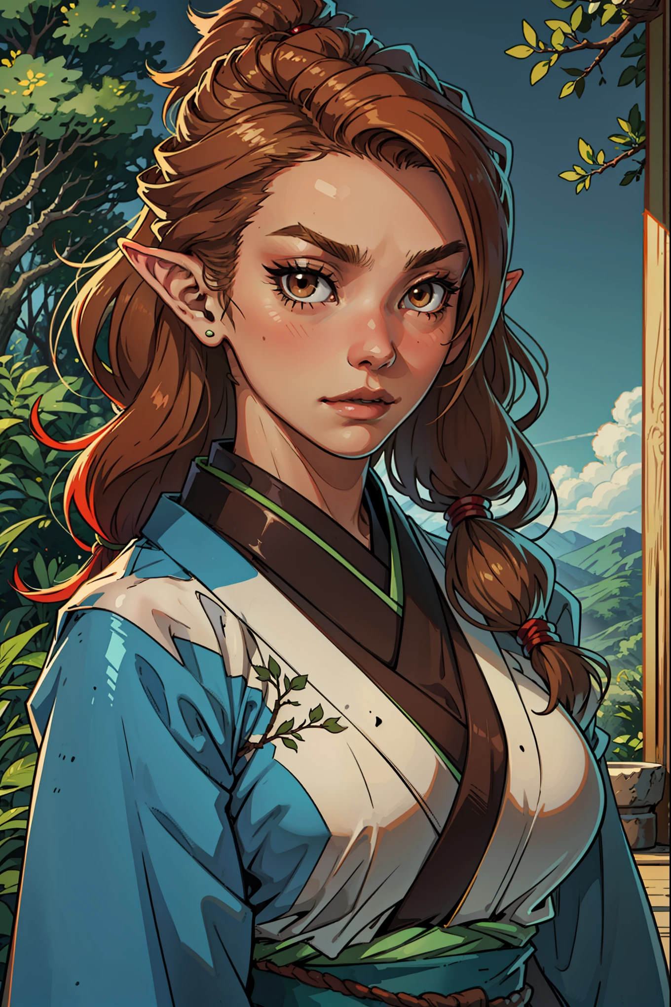SeaArt Txt2Img Robot 00:46:35 young and serene face, brown or blond hair and brown eyes,elf ears ,kimono , samurai,long hair,big tits, red hair