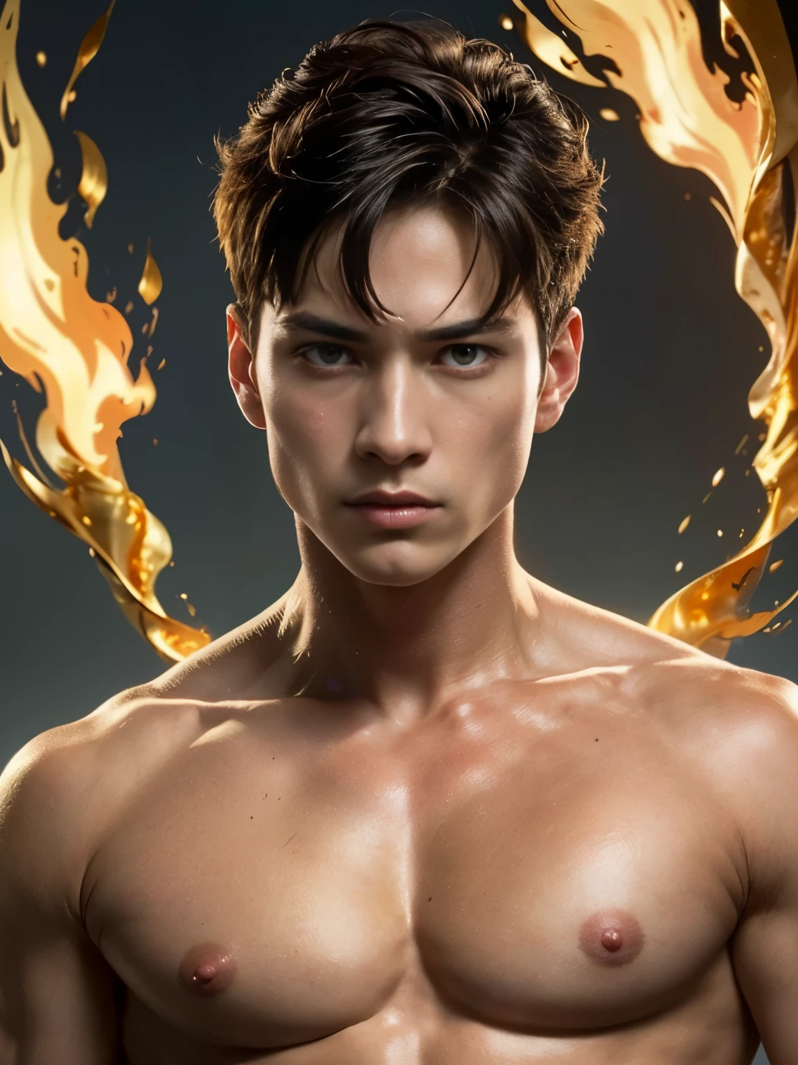 Photorealistic, ((best quality)), ((masterpiece)), (detailed), (barechested:1.7) {Create an illustrated portrait of} young Prince Zuko {from "Avatar: The Last Airbender"}. {Illustrate him shirtless, with attention to detail on his scar, (golden eyes:1.7), with messy hair, and a toned, muscular physique that reflects his training and determination}. {Capture his expression, reflecting his internal conflict and growth throughout the series}. {The background should be dark and incorporate} bending fire. {Utilize} vibrant colors and bold lines to {emphasize} his personality and the fantastical nature of the series}.