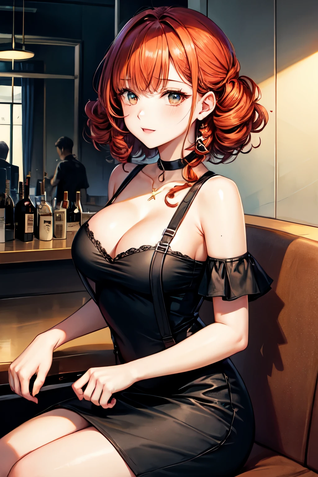 best qyality, perky tits, 8k, stocking suspenders, woman, medium breasts, jazz club, (red dress:1.2) (black dress:1.4), curly bob hairstyle, choker around the neck, starry eyes, noir style, professional, (ginger hair:1.3) (blond hair:1.1) full height, girl sitting at the club counter, dim light indoors, japan, dim light, shadows, cinematic frame, framing