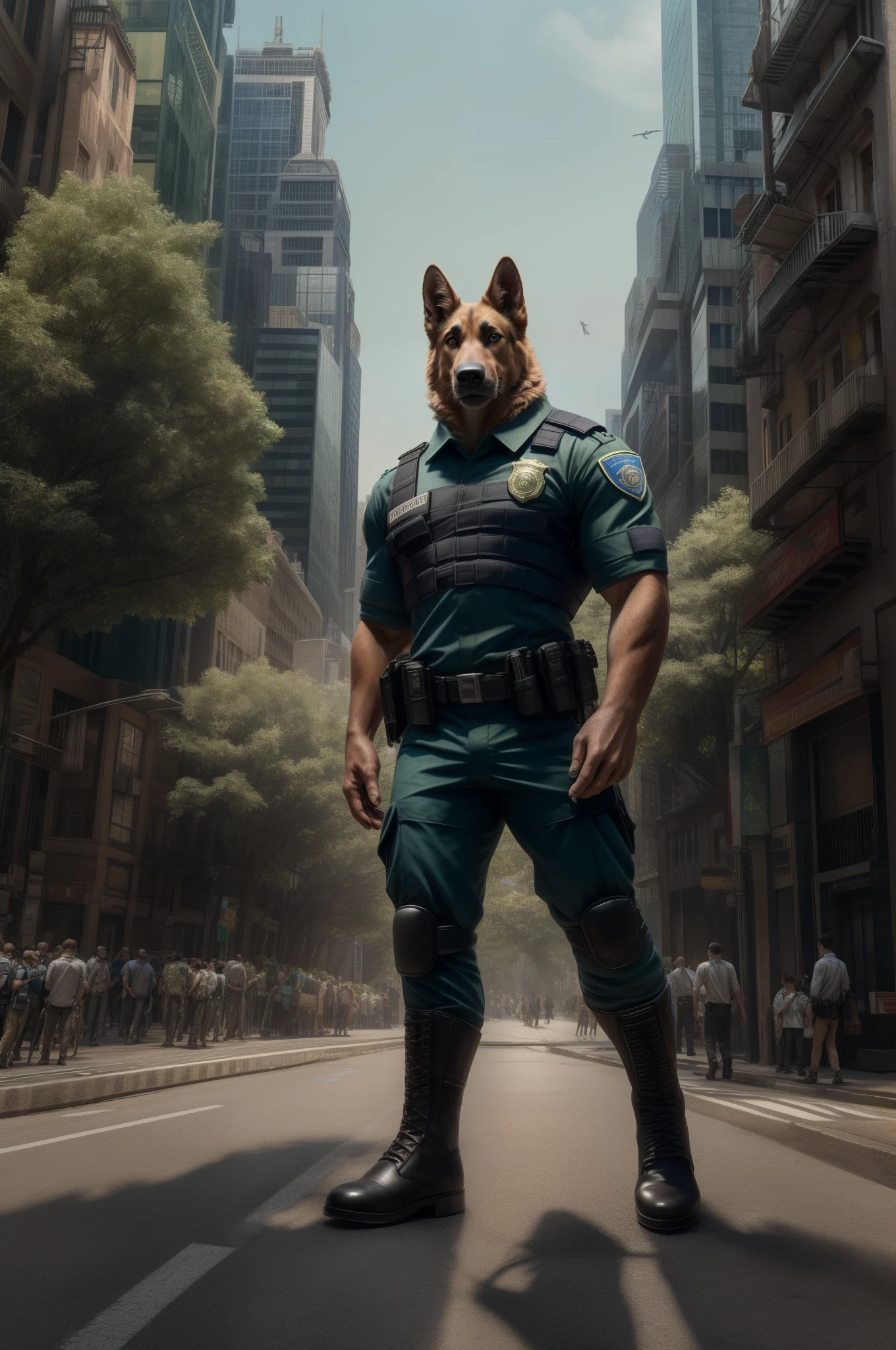 A humanoid shepherd dog logo, clad in a militaristic police uniform, exudes authoritative presence in the heart of the city scene. The shepherd's eyes, sharp and intelligent, reflect deep scrutiny, while its muscular build stands tall and unwavering. The uniform, crisp and green, adds a professional veneer, adorned with neatly pressed lines and a gleaming badge increasingly the sense of order.

The background presents a bustling metropolis, with towering buildings and the ceaseless hustle and bustle of urban life. Trees with lush green foliage line the streets, providing a refreshing ambiance, invoking feelings