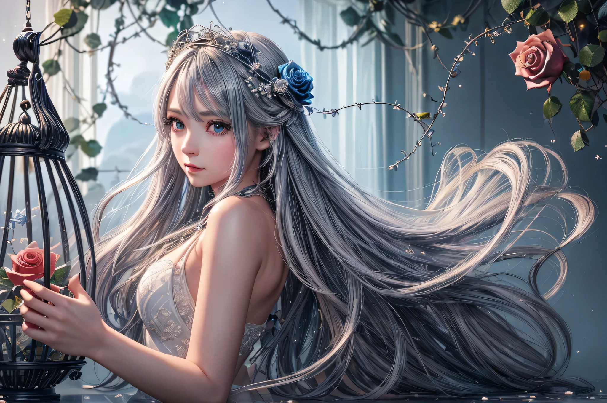 (Highly detailed CG Unity 8k wallpaper,masterpiece, highest quality, Super detailed), (best illumination, best shadow, very delicate and beautiful), dynamic angle, floating, finely, written boundary depth (bloom), (shine), twinkling stars, classic,(shape), (painting), (sketch), girl, alone, bare shoulders, flat_chest, diamonds and sparkling eyes, Beautiful and detailed cold face, very long blue and silver hair, floating black feathers, wavy hair, very delicate and beautifulgirlたち, finelyて美しい目, shine目, (((Rose))),(vines),(Blood),cage,bandage,(re-drop),, (Highly detailed CG Unity 8k wallpaper,masterpiece, highest quality, Super detailed), (best illumination, best shadow, very delicate and beautiful), dynamic angle, floating, finely, written boundary depth (bloom), (shine), twinkling stars, classic,(shape), (painting), (sketch), girl, alone, bare shoulders, flat_chest, diamonds and sparkling eyes, Beautiful and detailed cold face, very long blue and silver hair, floating black feathers, wavy hair, very delicate and beautifulgirlたち, finelyて美しい目, shine目, (((Rose))),(vines),(Blood),cage,bandage,(re-drop),