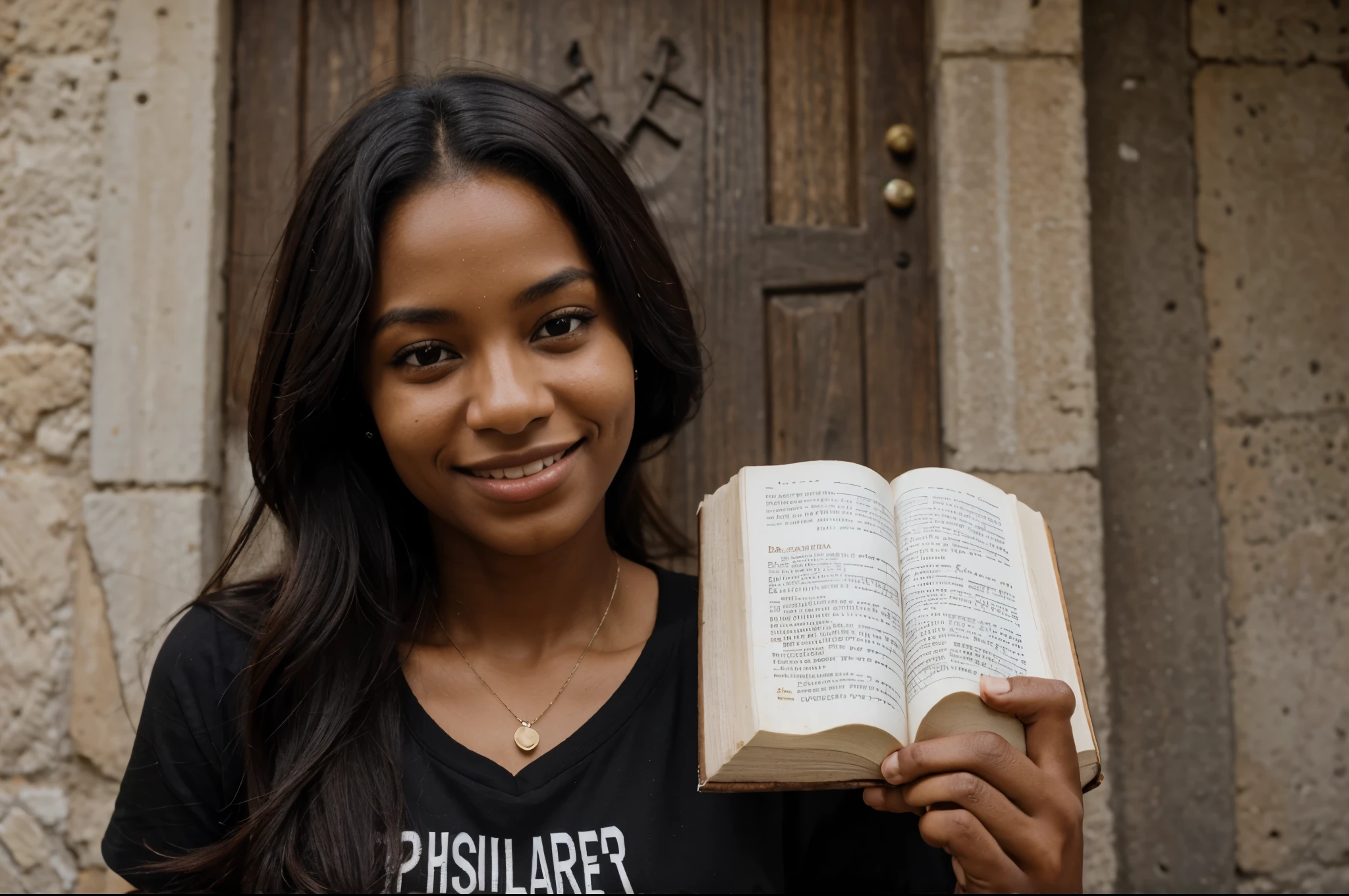 mulher negra sorrindo, 20 anos de idade, with bible in hand looking straight ahead, usando camisa branca