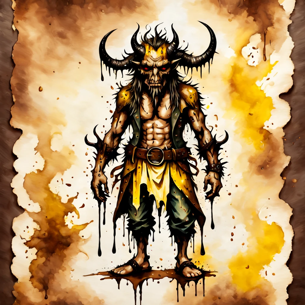 Devil with broken brown horns and spikes with chocolate brown eyes and dressed in ragged rags of various shades of brown with a yellow bow belt and sandals background apocalyptic outcome, ink art style