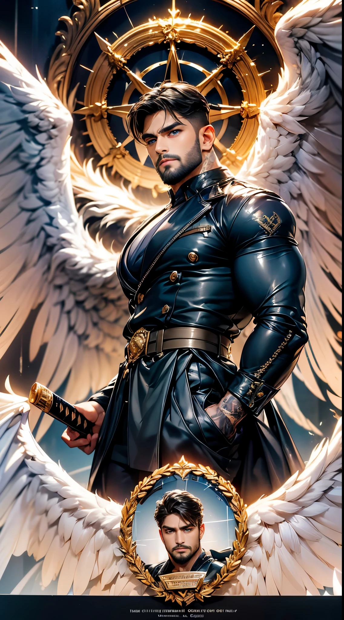 Daegan Tronos LoRa(1), no more characters, handsome, muscle, detailed face, wings of angel(symmetrical style), blue eyes(iris color), small beard, medium haircut, leather jacket, katana, tattooed arms, champion stance(body), visual harmony, epic wallpaper.