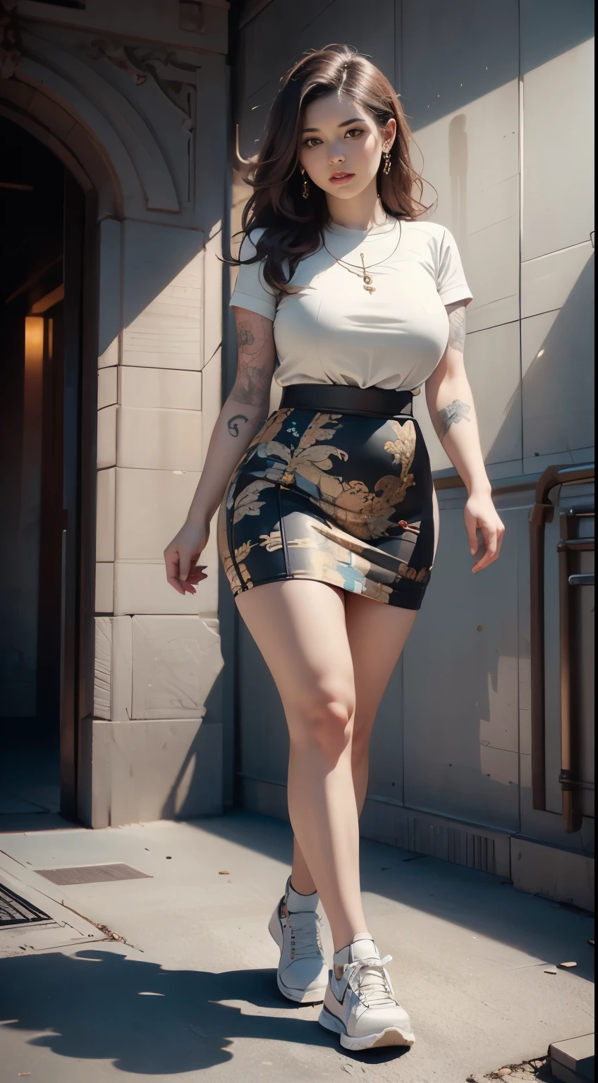 ((best quality)), ((masterpiece)), (detailed), perfect face, ((best quality)), ((masterpiece)), (detailed), perfect face, wanita chubby dewasa, wearing thight dress and thight skirt, chubby cheeks, chubby arm, chubby thighs, big breasts, wearing a sneakers, medium hair style, full body photoshoot, tattooed body , walk pose in a dark room , tattooed all over hands, slightly fat arms , fat thighs