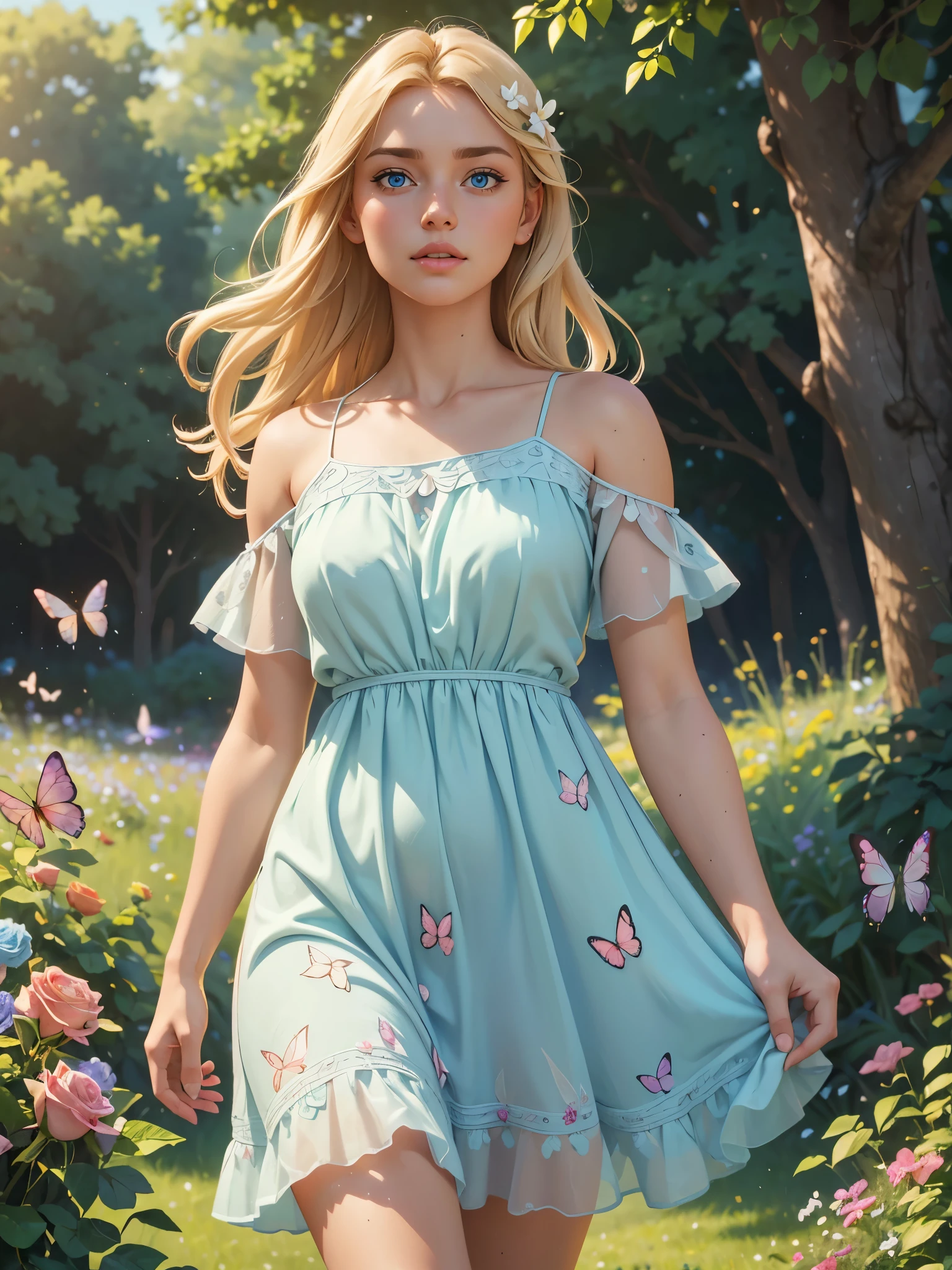 (best quality,4k,8k,highres,masterpiece:1.2),ultra-detailed,(realistic,photorealistic,photo-realistic:1.37),portraits,HDR,vivid colors,studio lighting,extreme detail description,Walking in a dreamy garden,Beautiful cute 18 years old blonde girl,beautiful detailed eyes,beautiful detailed lips,pale skin,long blonde hair,blonde,blue eyes,soft natural light,gentle breeze,peaceful atmosphere,floral dress,delicate fabric,multi-colored flowers,butterflies flying around,sparrows chirping,trees with vivid green leaves,blooming flowers,roses,lush grass,whispering trees,serenity,tranquility