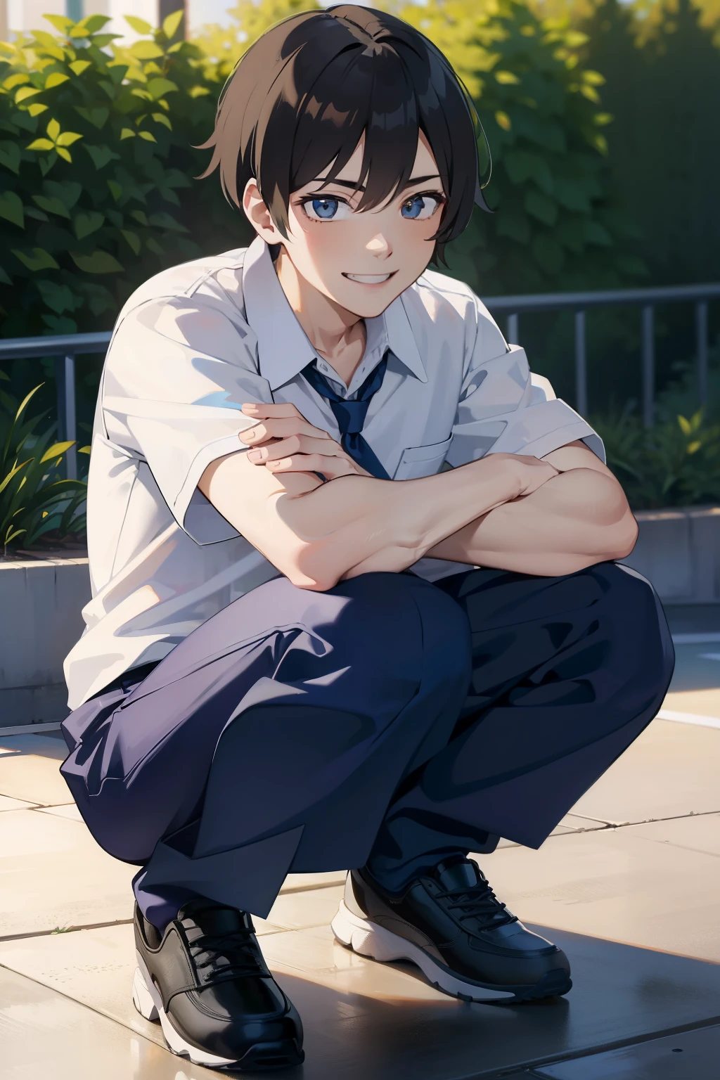 High school boy hiding and squatting and smiling