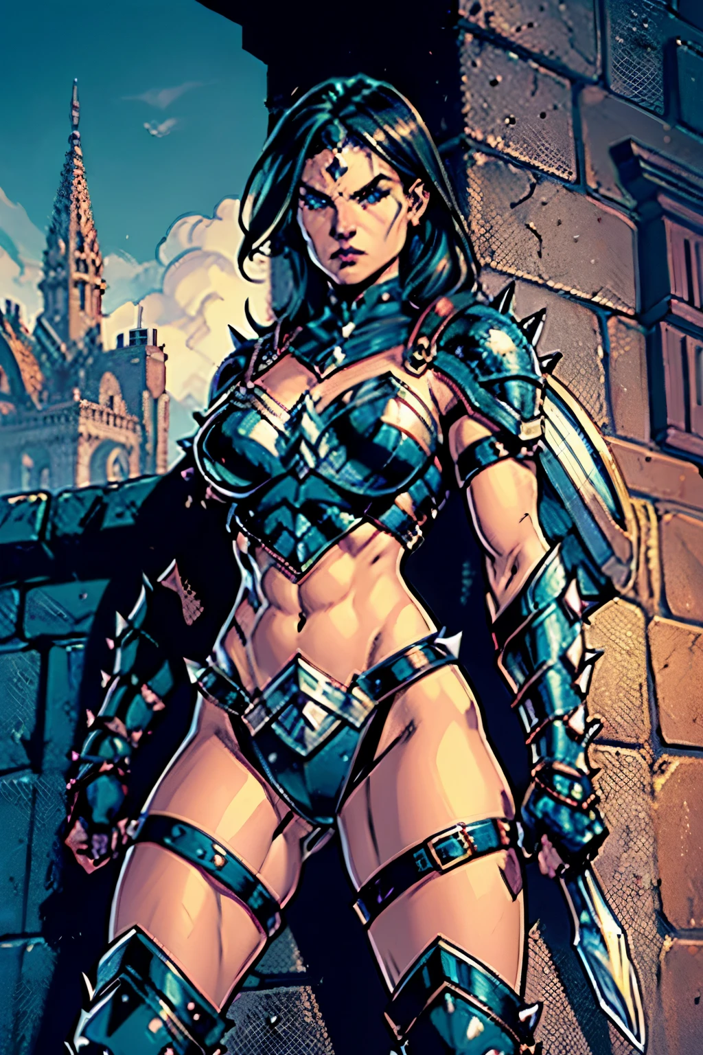 Muscular, athletic warrior woman in spiked plate armor, with many spikes, more spikes, dressed in black full plate armor, completely covered, not naked, Domina, sexy female, busty, sixpack muscular belly, arrogant look, Longsword and shield, frog perspective, dnd, fantasy, dungeons & dragons, blank background