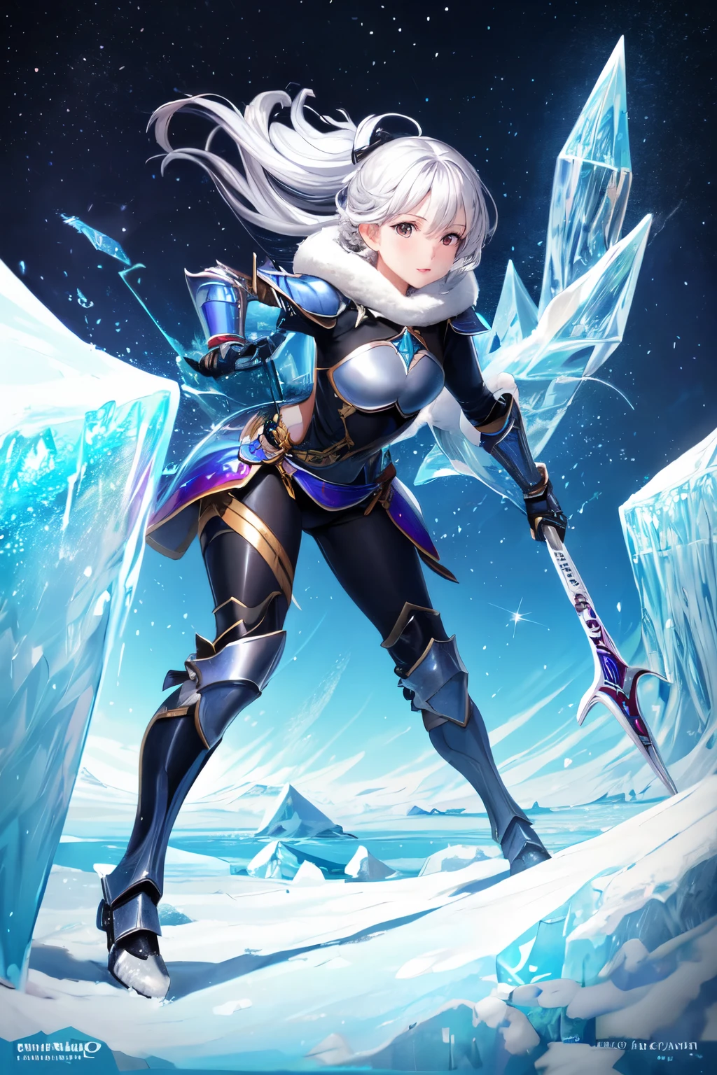 (((Masterpiece, best quality, 16k))) female character with long silver hair and icy blue eyes. She wears an ice-themed armor in white, blue, and silver. wields a frosty sword. The character has a cold expression, with a snowy landscape as the background. ((full body front view)). ((slender)), (extremely detailed:1.5), (long silver hair:1.2), (icy blue eyes:1.2), (snowy landscape:1.1), (ice-themed armor:1.3), (frosty sword:1.3).