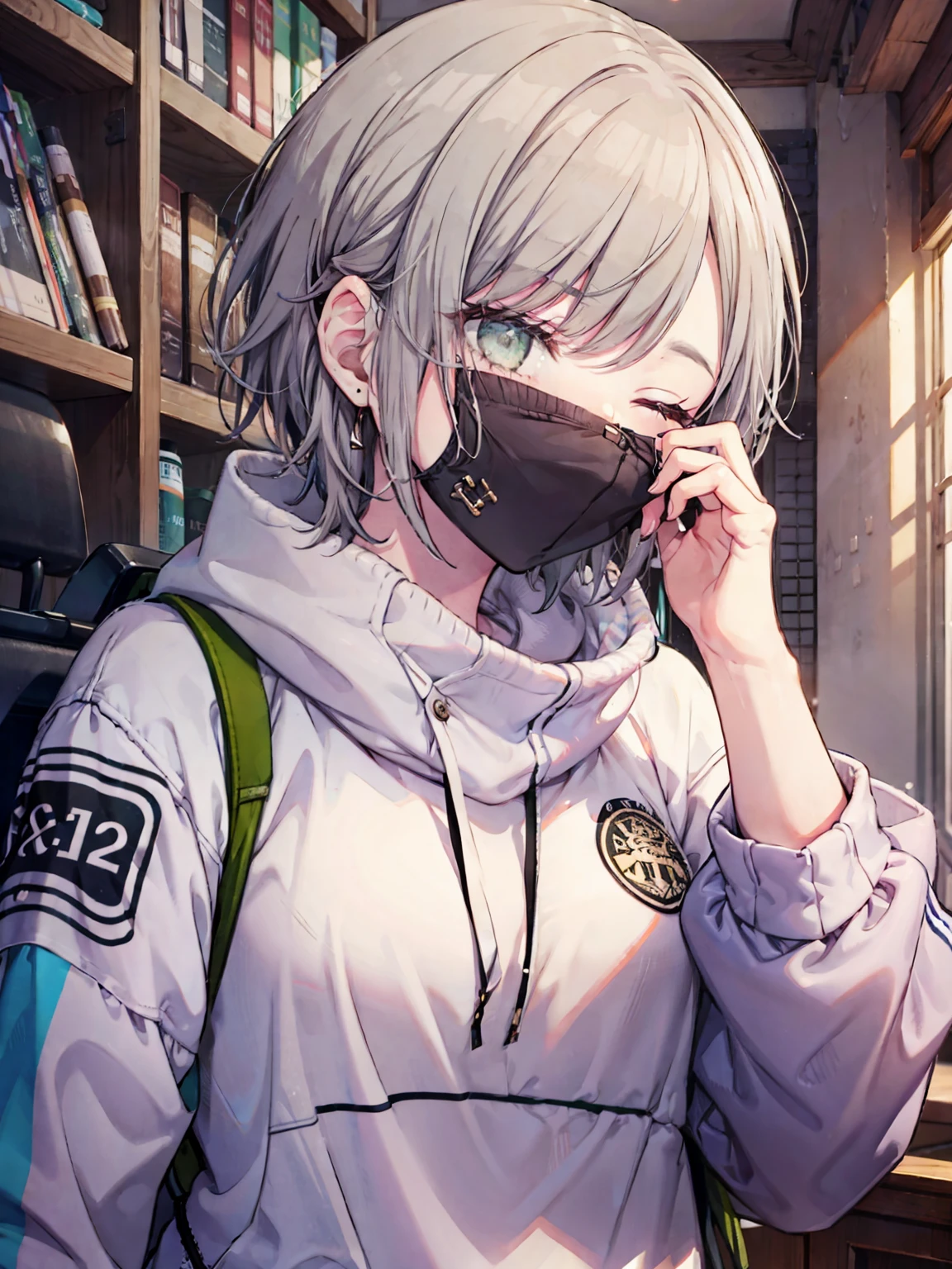 (masterpiece), short hair, grey hair, small breasts, hinomori shiho, tomboy, shiho_h, ((((The girl covers her face with her palm to avoid smelling the smell.)))) , 1girl ,one eye closed, winking eye,half closed eye, wearing sweatshirt, frownimg  eyebrow, (((Scene where a girl covers her nose with her hand))))
