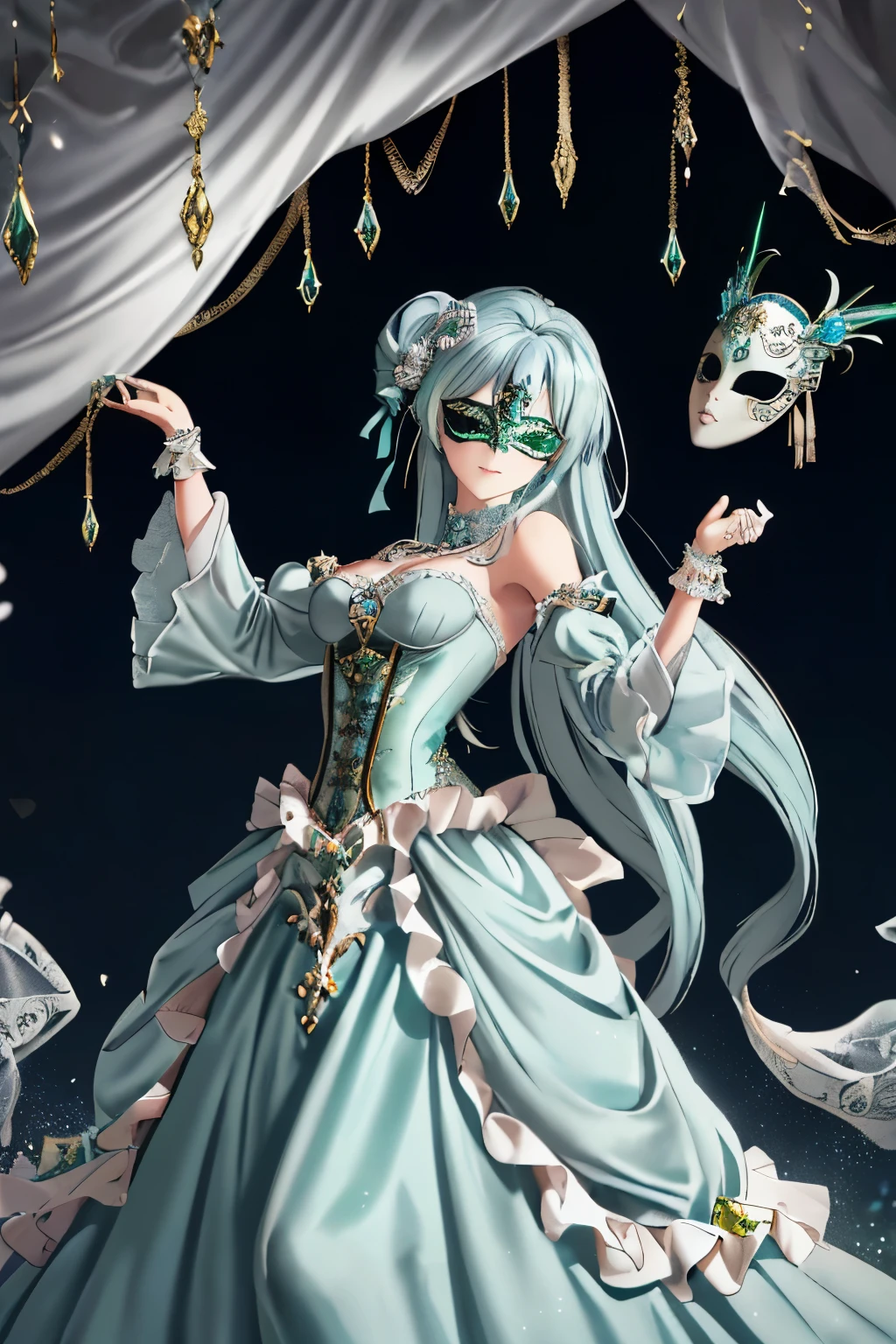 ((light blue hair)),(Twin-tailed longhair),((She is wearing a mask like one would wear at a masquerade ball.......)),((mask covering eyes)),((Show off your body line beautifully、One-piece dress with a flowing silhouette.,Green and silverと黄色のドレス)),(flare sleeves),((corset)),((The hem of the dress is long enough to reach the ground..)),(A chaotic worldview mixed with black, Green and silver),(Tartarus),(Hellish world),((abyss)),((Have the hem of the dress、please accept me as a nobleman'Daughter of....)),(invincible smile),((The hem of the dress sways as if dancing......))
