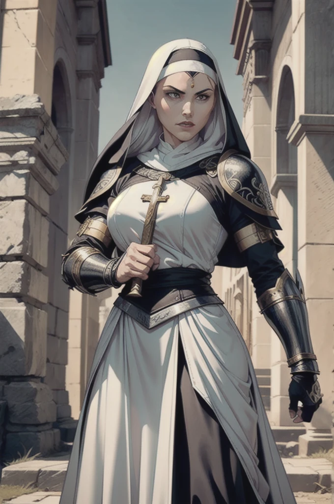 Imagine a fierce warrior nun in full battle attire. She is clad in a functional yet adorned armor that blends traditional nun's habit elements with protective gear, featuring a cross emblem on her chest. Her head is covered with a chainmail coif under a hood, maintaining a nod to her religious vows. In one hand, she grips a long, ornate sword, ready for combat. Her stance is confident and formidable, as she stands in the middle of an ancient stone church's ruins, with an expression of determination and divine fervor.