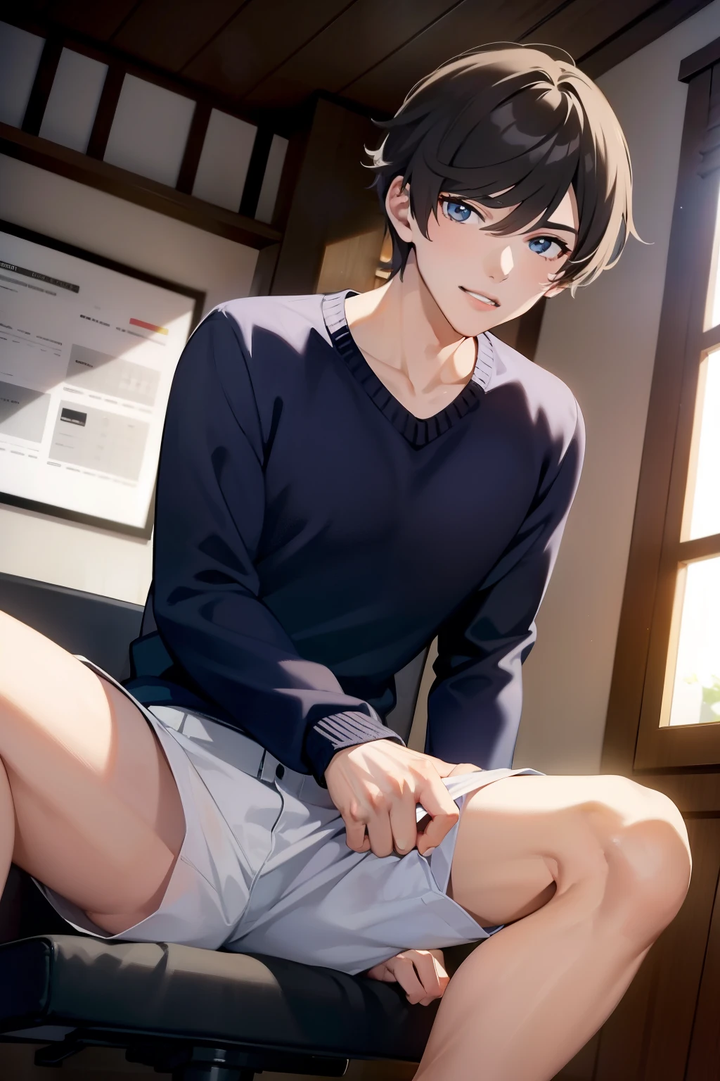 ((8K:1.2),masterpiece, Highest quality, Ultra-high resolution:1.25) beautiful boy anime face, sweet body, no muscular body,  a boy, high schoolface and body emphasis, (gay anime hentai), tall boy, no underwear, bedroom alone, sexy pose, (blushing and smile face, shirtless body), short hair, black eyes, leather shorts, high leg string, want sex, prostitute boy, full body, crotch emphasis, crotch touching, 