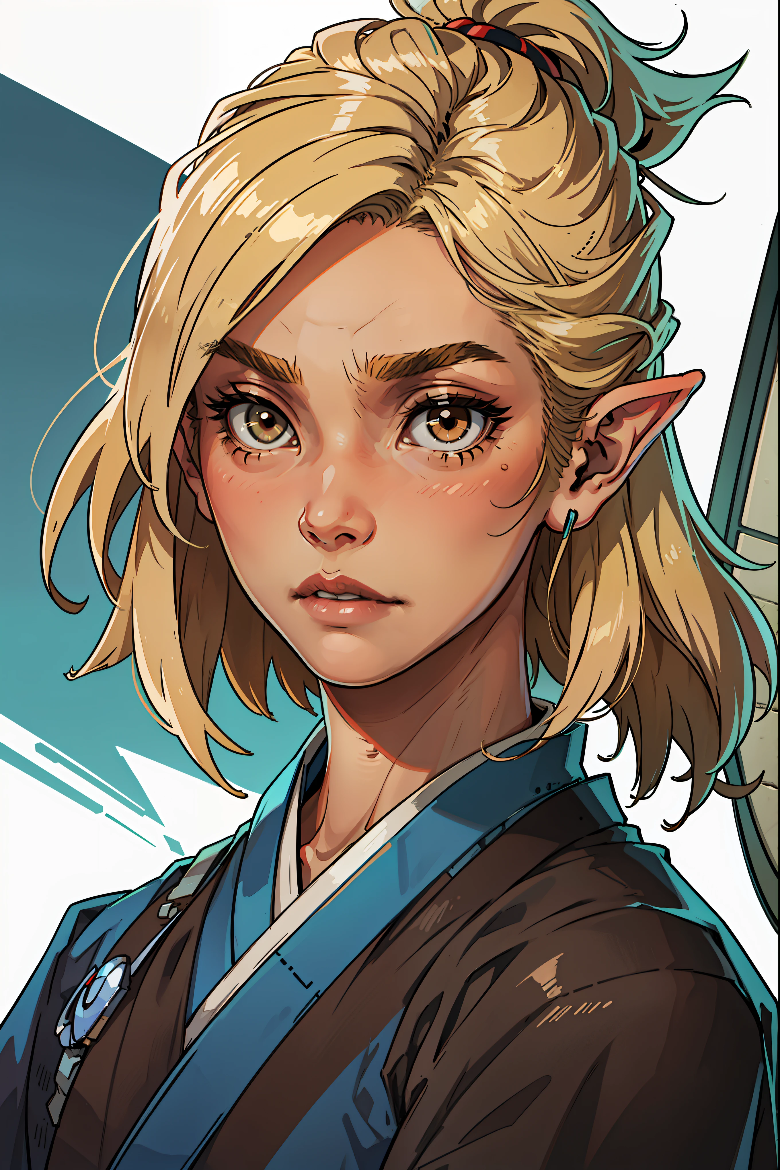 SeaArt Txt2Img Robot 00:46:35 young and serene face, brown or blond hair and brown eyes,elf ears ,kimono , samurai
