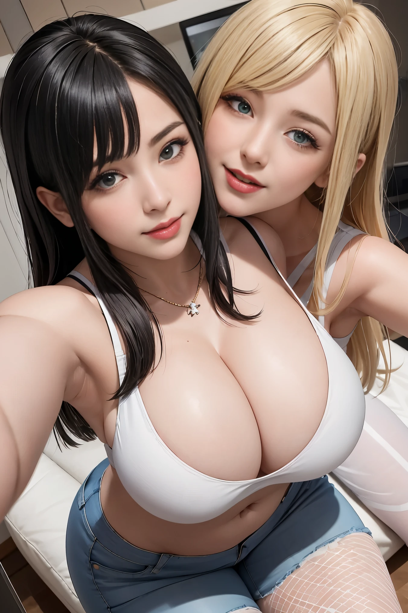 two girls,two women,Overhead view viewing angle,Angle from above,lying on your back,hot pants,low rise jeans,shorts,white sports bra,white tank top,black fishnet tights,black gloves,laughter,Other than NSWF,fubuki,blonde,long haired person,very long straight hair,A masterpiece of the highest quality, 1 girl, alone, looking at the viewer, belly button,Super huge breasts,very big胸,Super huge , cleavage of the breast, blush ,1 girl, big breasts, cleavage, towards the audience, very big, (big valley), (big saggy breasts), at the hotel, sexy, glamorous, wet body .