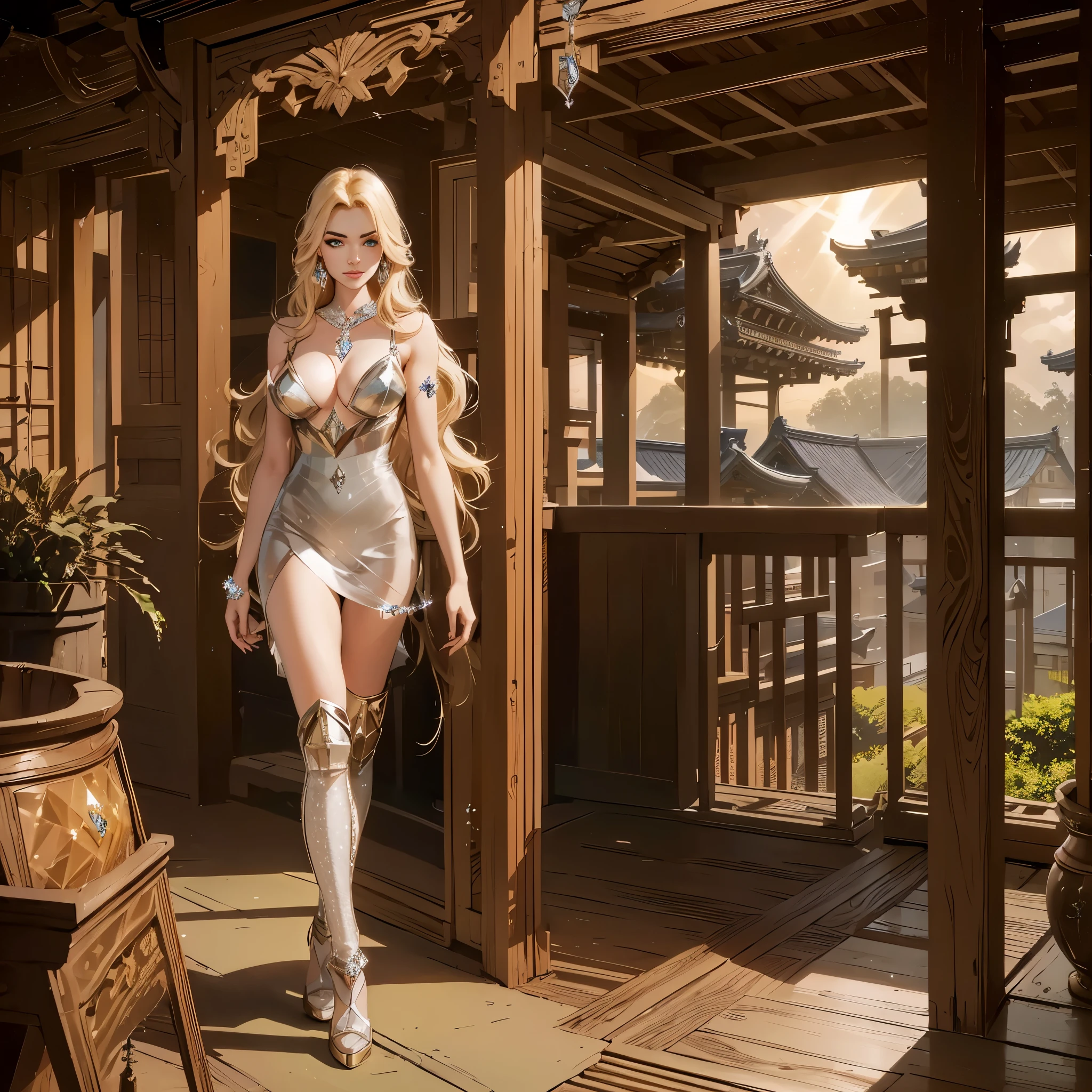 Medieval fantasy setting, masterpiece, full body, one single extremely beautiful young twenty years old blonde Sweden young woman, sexy plate armour ((made exclusively full of diamonds:1.8)), confident, powerful, strong, fit, long wavy blond hair, warrior, luxury, beauty, slightly smiling m, perky perfect tits, epic shot, dynamic lighting, elegance, sensuality m, in a fantasy magic Japanese temple, high quality, intense contrast, light rays, lense flares, extreme details, highly detailed, catwalking sensually, tattooed arm, emerald green beautiful eyes
