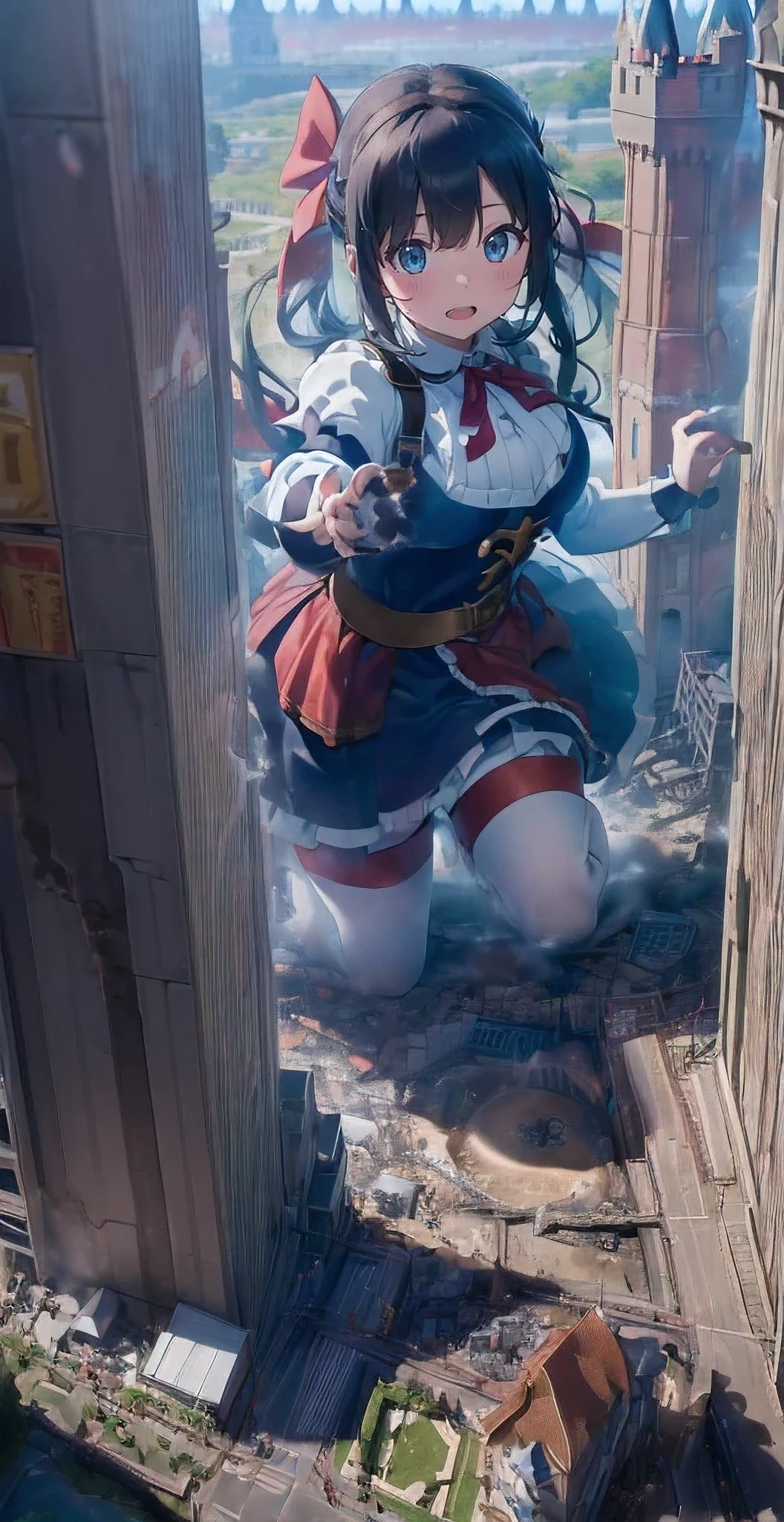 ファイナルfantasy world,fantasy world、(((dark hero))),White Gothic Idol Princess Ruffle Ribbon Maid Clothes、A girl bigger than a castle、background blur、Gulliver'trip、alice in wonderland、city of rubble、super huge breasts、big breasts、big breasts、big breasts、big breasts、big breasts、plump thighs、Plump thighs period European urban fires、((((giant girl straddling the castle))))、cigarette、((((Urban explosion in medieval Europe))))、reach out your hand、Ruins at the end of the century、((((Open your legs to show your panties)))),進撃の巨人のThe giant girl who moves the earth、((Ultraman))、(((Giant of Light))),The giant girl who moves the earth、足元のcity of rubble、A castle of rubble at my feet、flying debris、loafers、low angle camera、high school girl、((((fighting pose))))、((((A big explosion at my feet))))、8k、High image quality High image quality、nipple、sheer shirt、A dwarven tank at my feet、((((Destroy a broken dwarf castle with your feet))))、Confront an army of dwarves