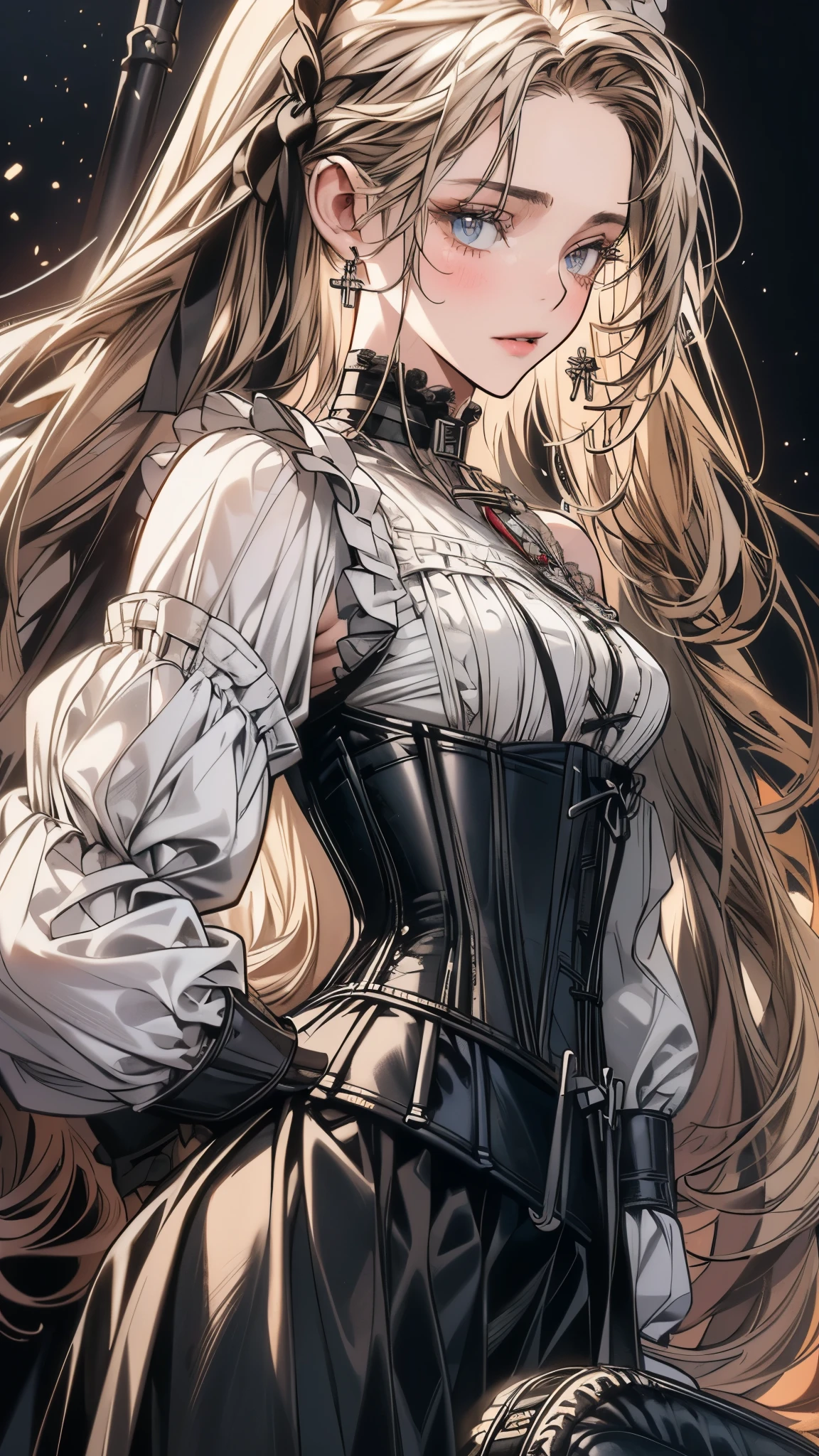 (((masterpiece)))、((highest quality))、(super detailed)、(CG illustration)、(so beautiful ))、cinematic light、(((1 Mechanical Girl)))、 SF、Apocalypse、erotic grotesque、(beautiful and luxurious:1.2)、(1 girl:1.3)、facing the front, (double breasted,under bust:1.2), button gap,(((corset belt))),(((high waist mile
