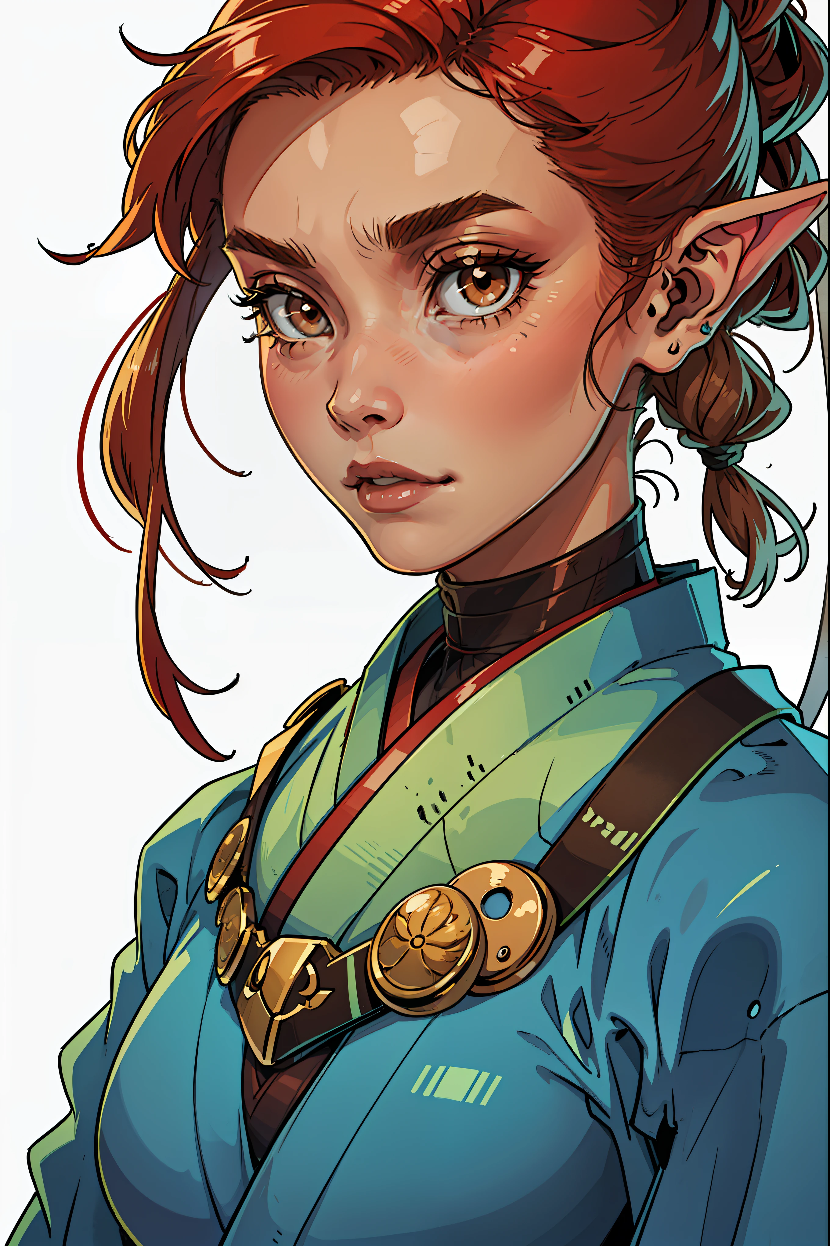 SeaArt Txt2Img Robot 00:46:35 young and serene face, brown or blond hair and brown eyes,elf ears ,kimono , samurai,long hair,big tits, red hair